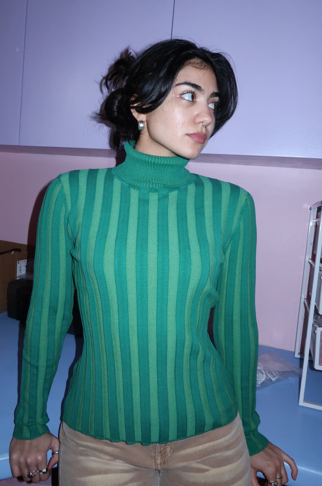 Green Striped Turtleneck Long Sleeve Top