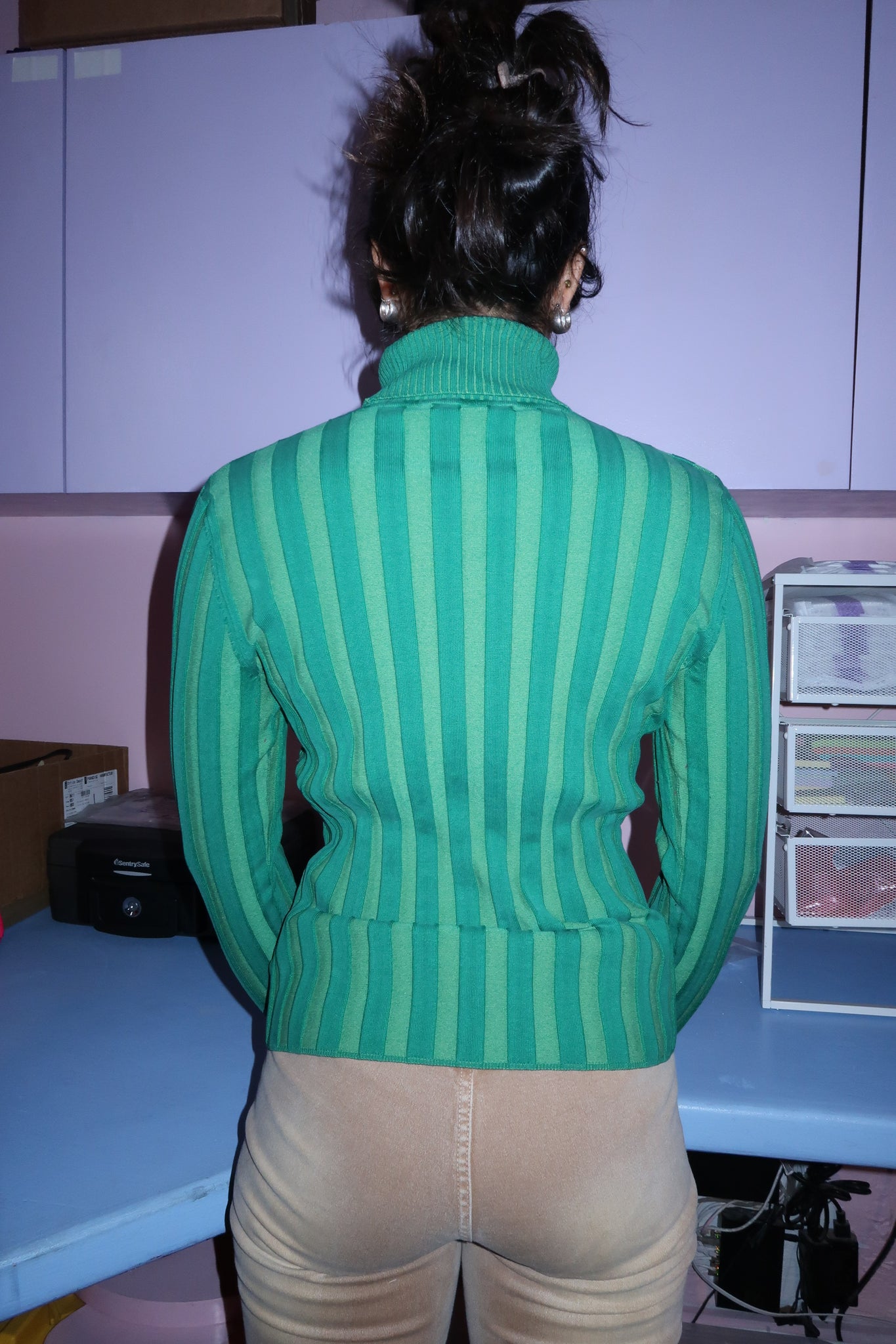 Green Striped Turtleneck Long Sleeve Top