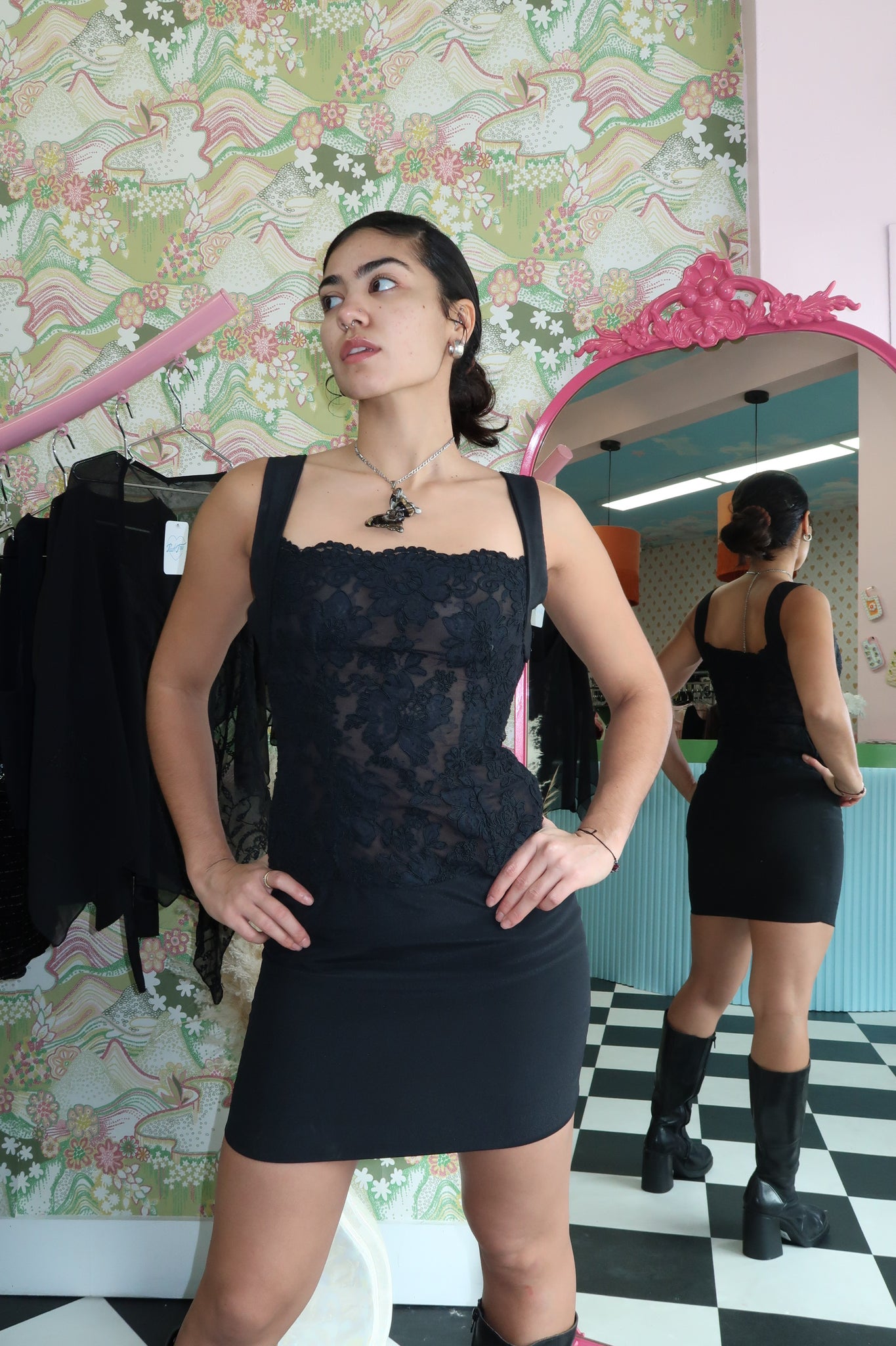 Black Square Neck Lace Dress