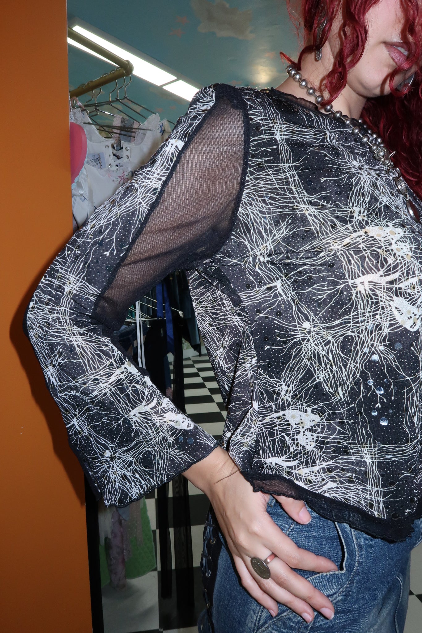 Black Abstract Line Sequined Mesh Long Sleeve Top