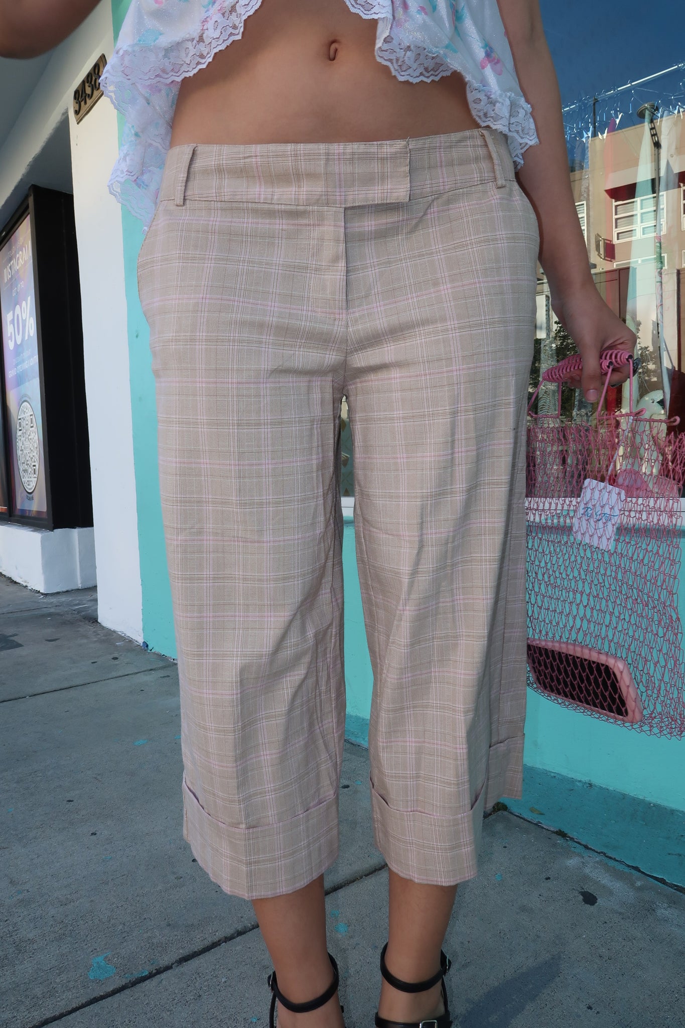 Low Waist Plaid Beige Pants