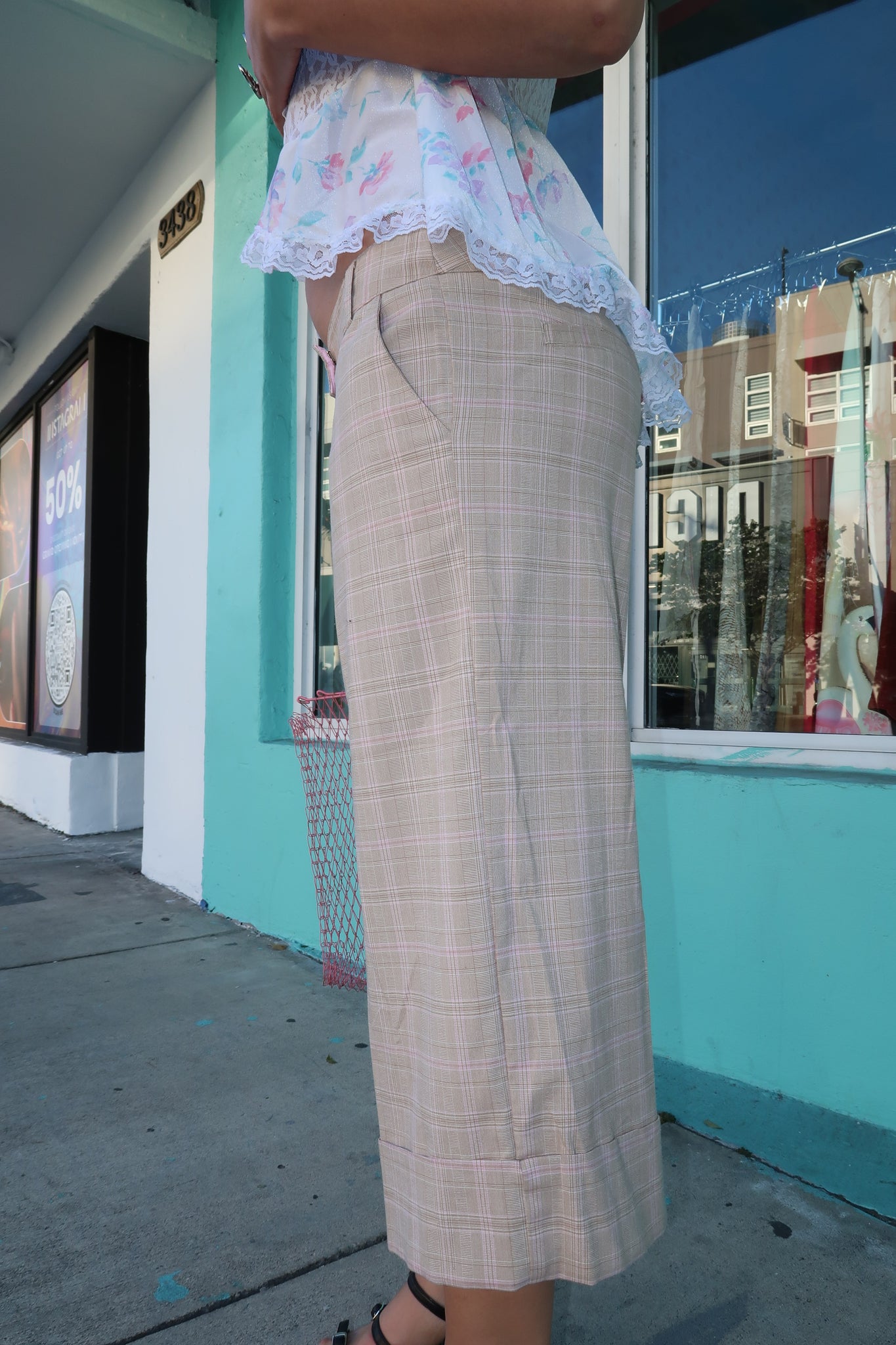 Low Waist Plaid Beige Pants