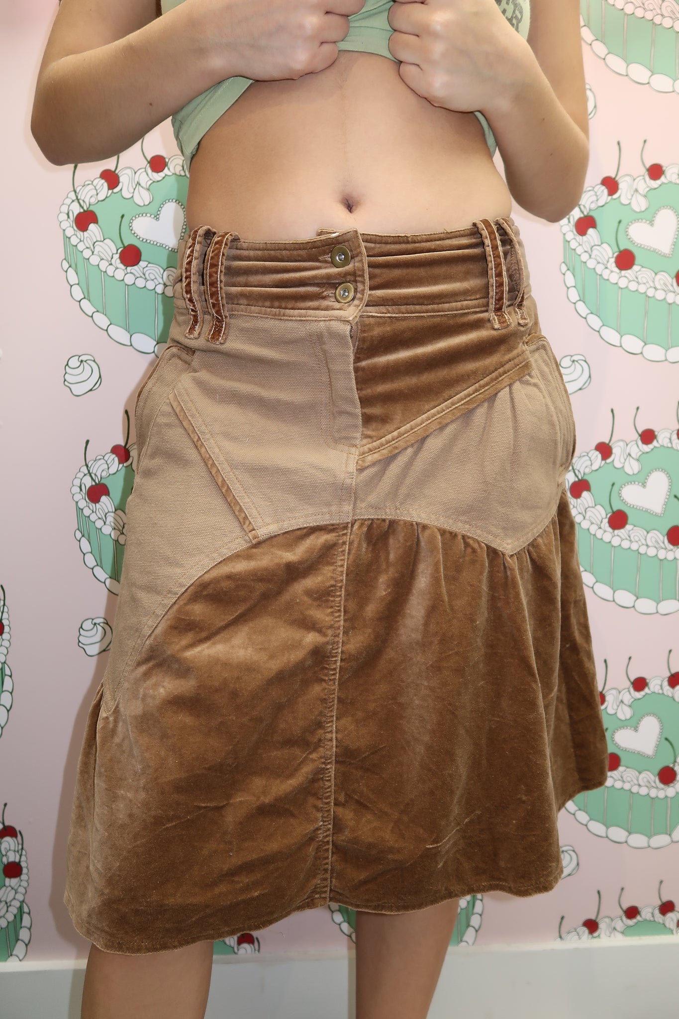 Brown Patch Work Midi Skirt