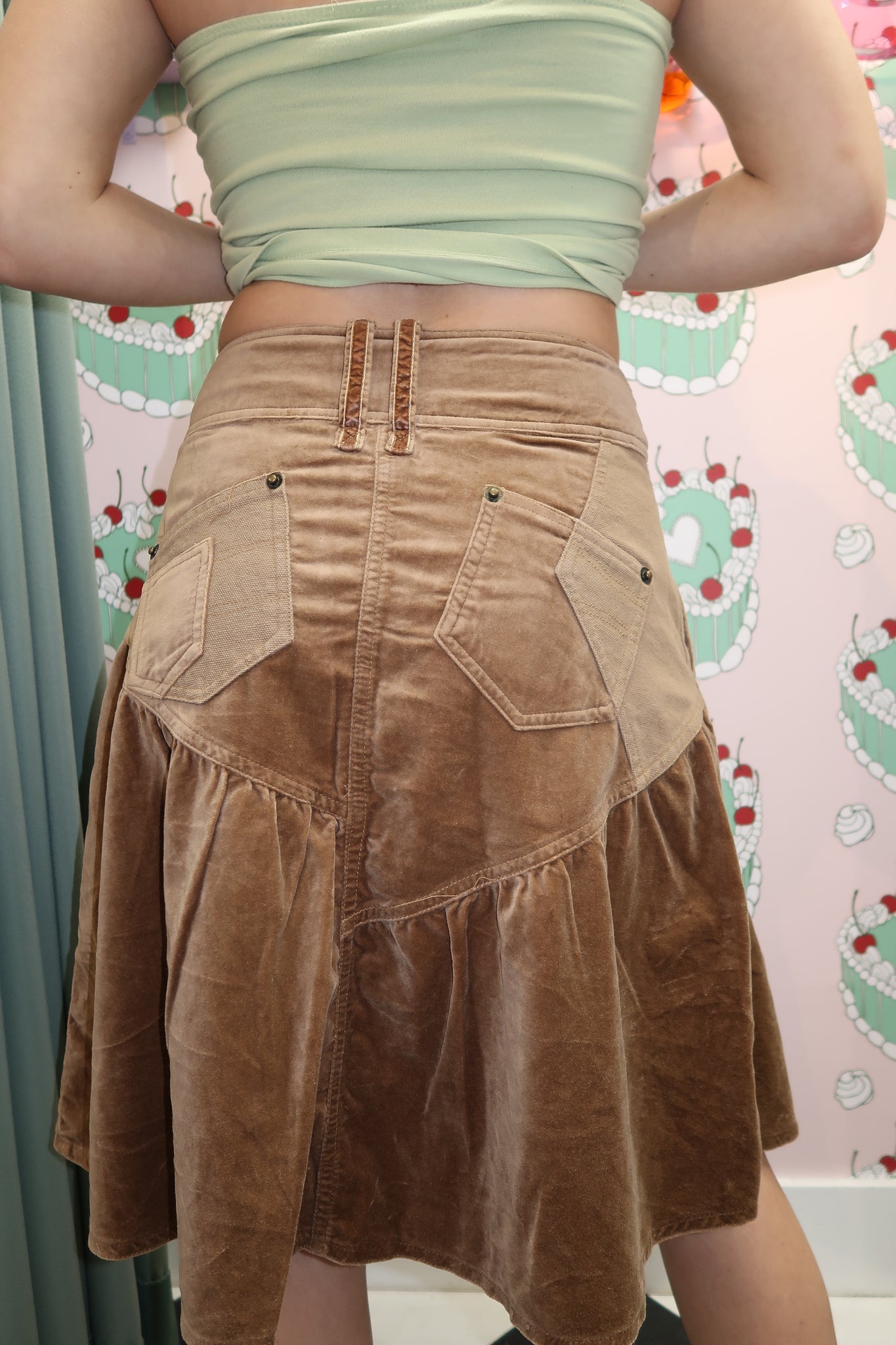 Brown Patch Work Midi Skirt