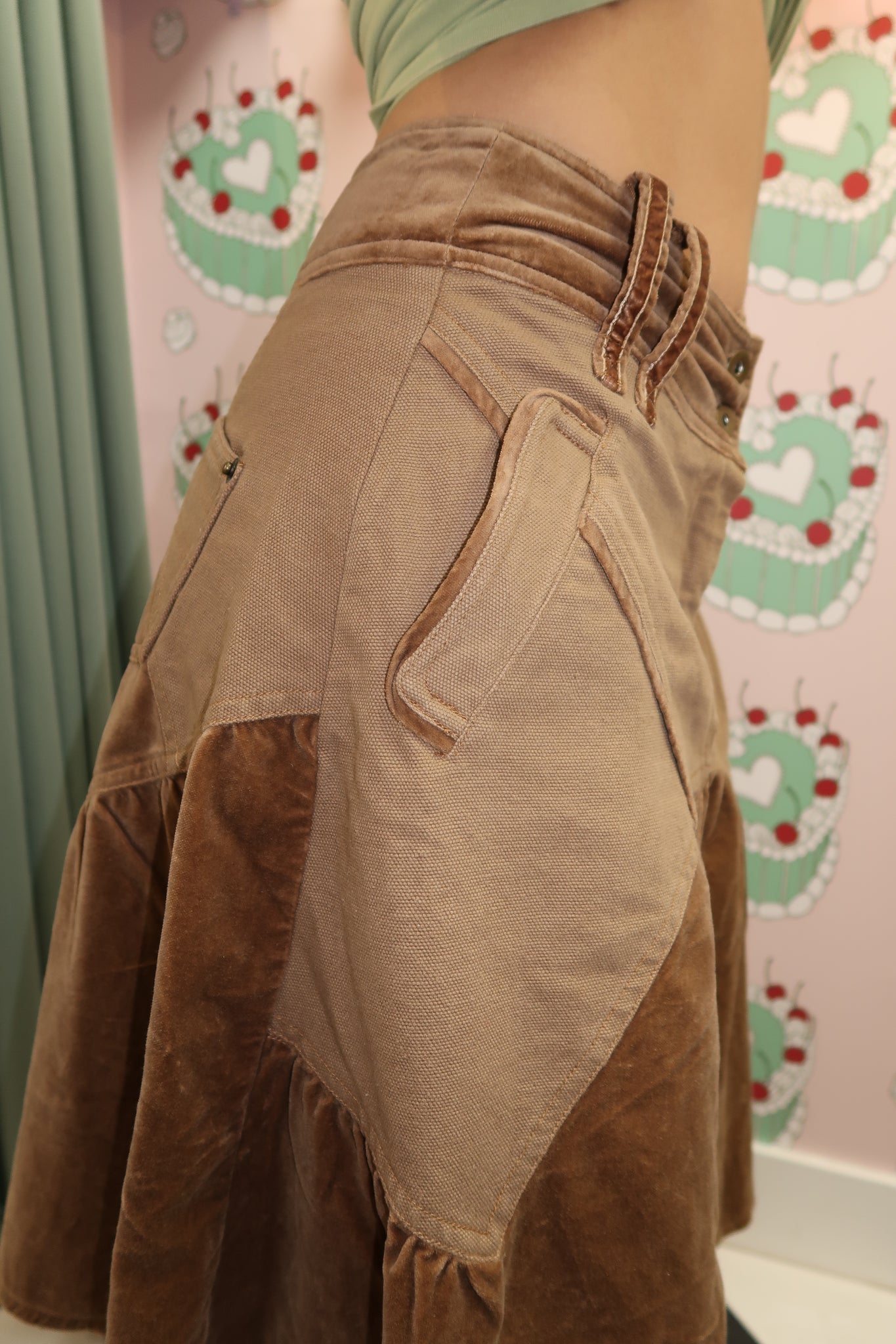 Brown Patch Work Midi Skirt