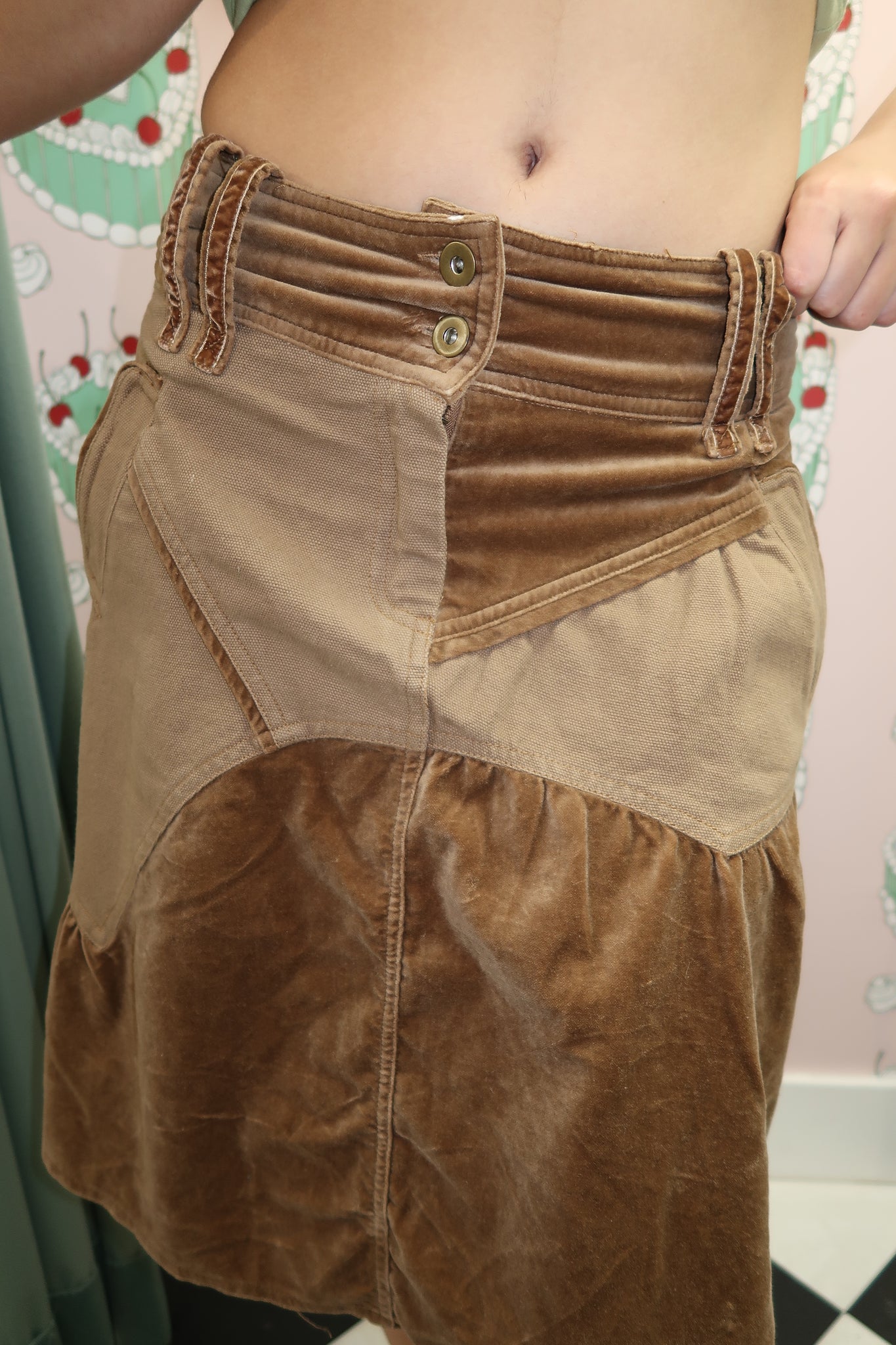 Brown Patch Work Midi Skirt