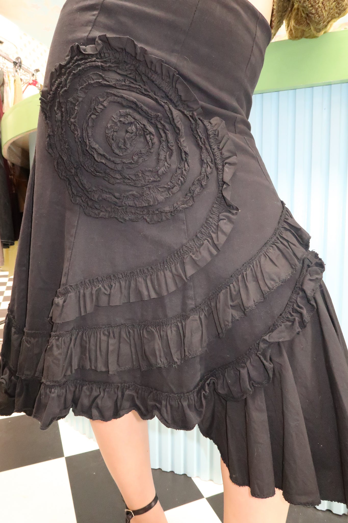 Black Ruffled Flower Midi Skirt