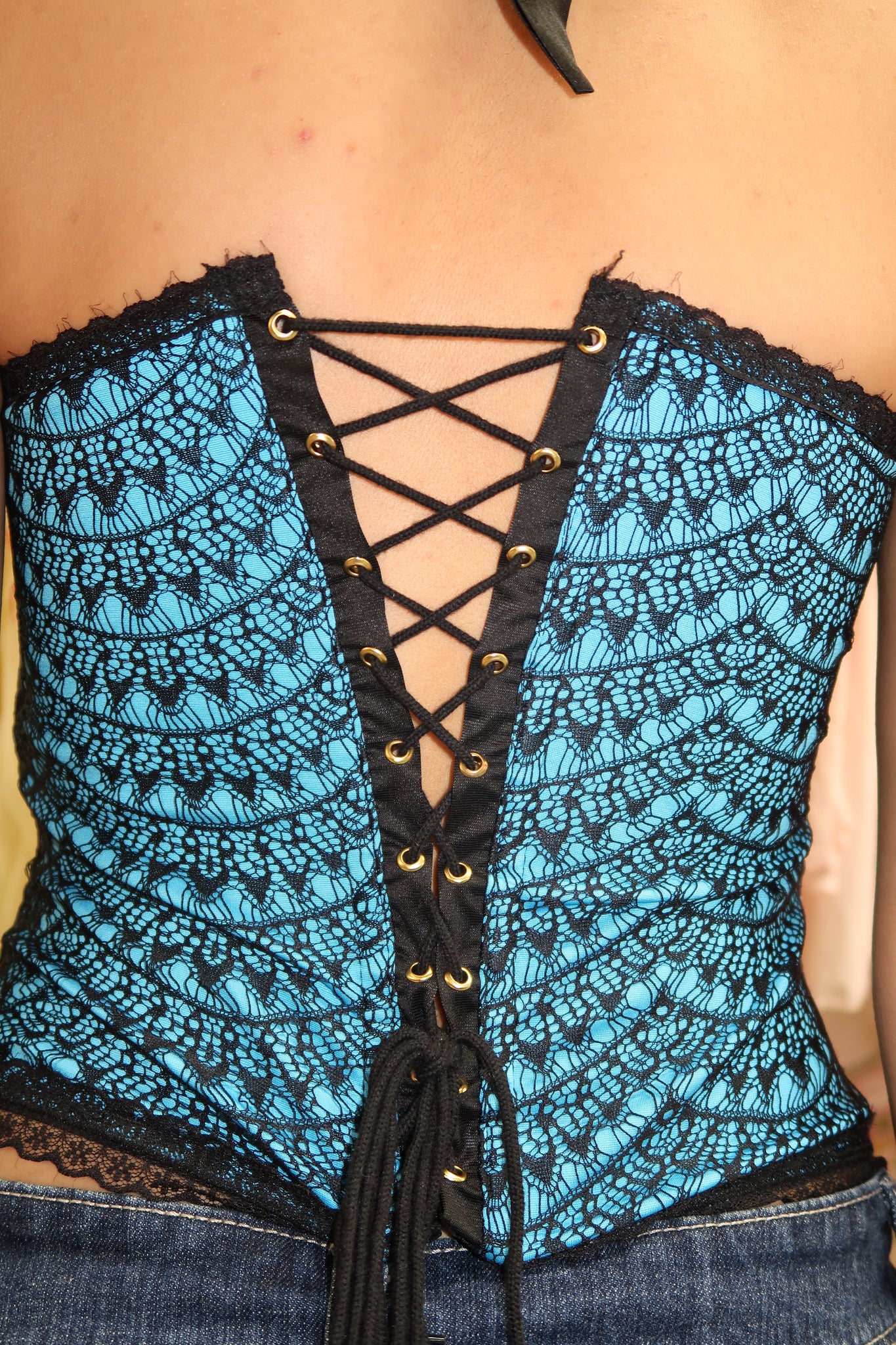 Black & Blue Halter Lace Top