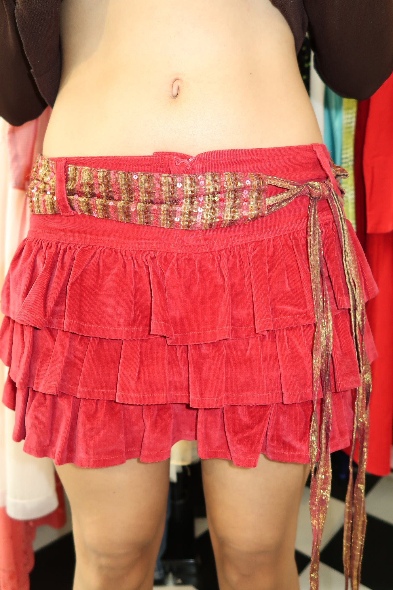 Low Waist Velvet Ruffled 3 Tier Mini Skirt