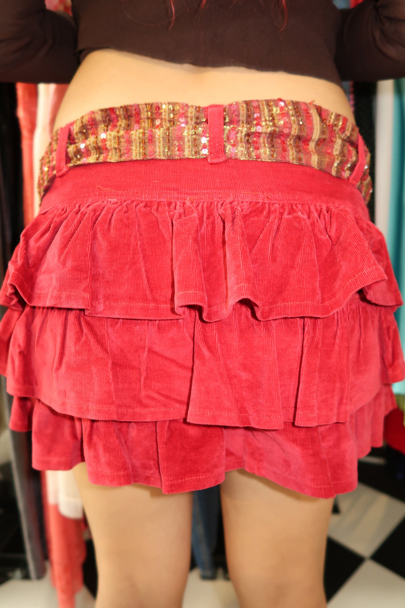 Low Waist Velvet Ruffled 3 Tier Mini Skirt