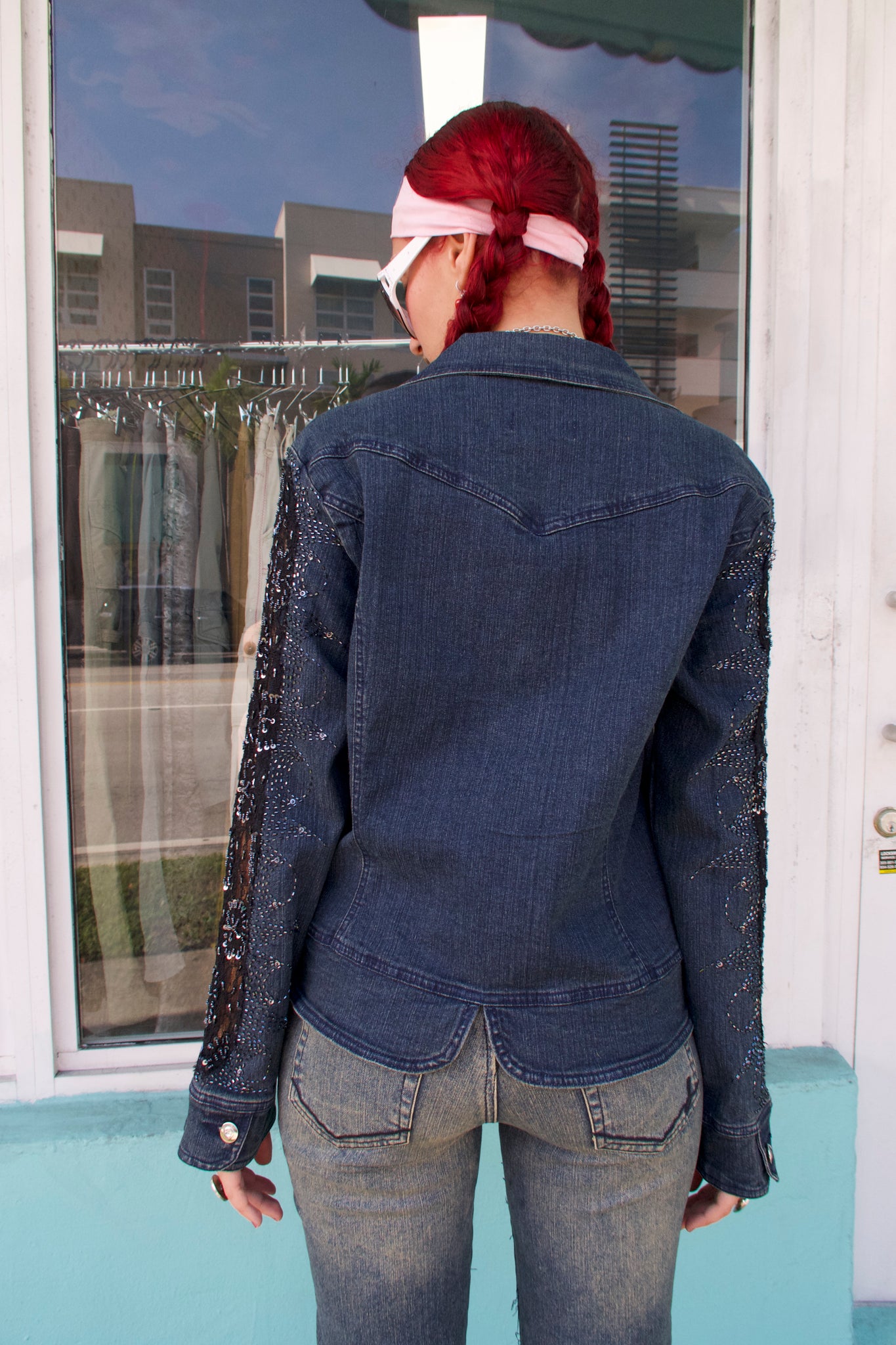 Denim Lace Bead Detailed Jean and Jacket Set