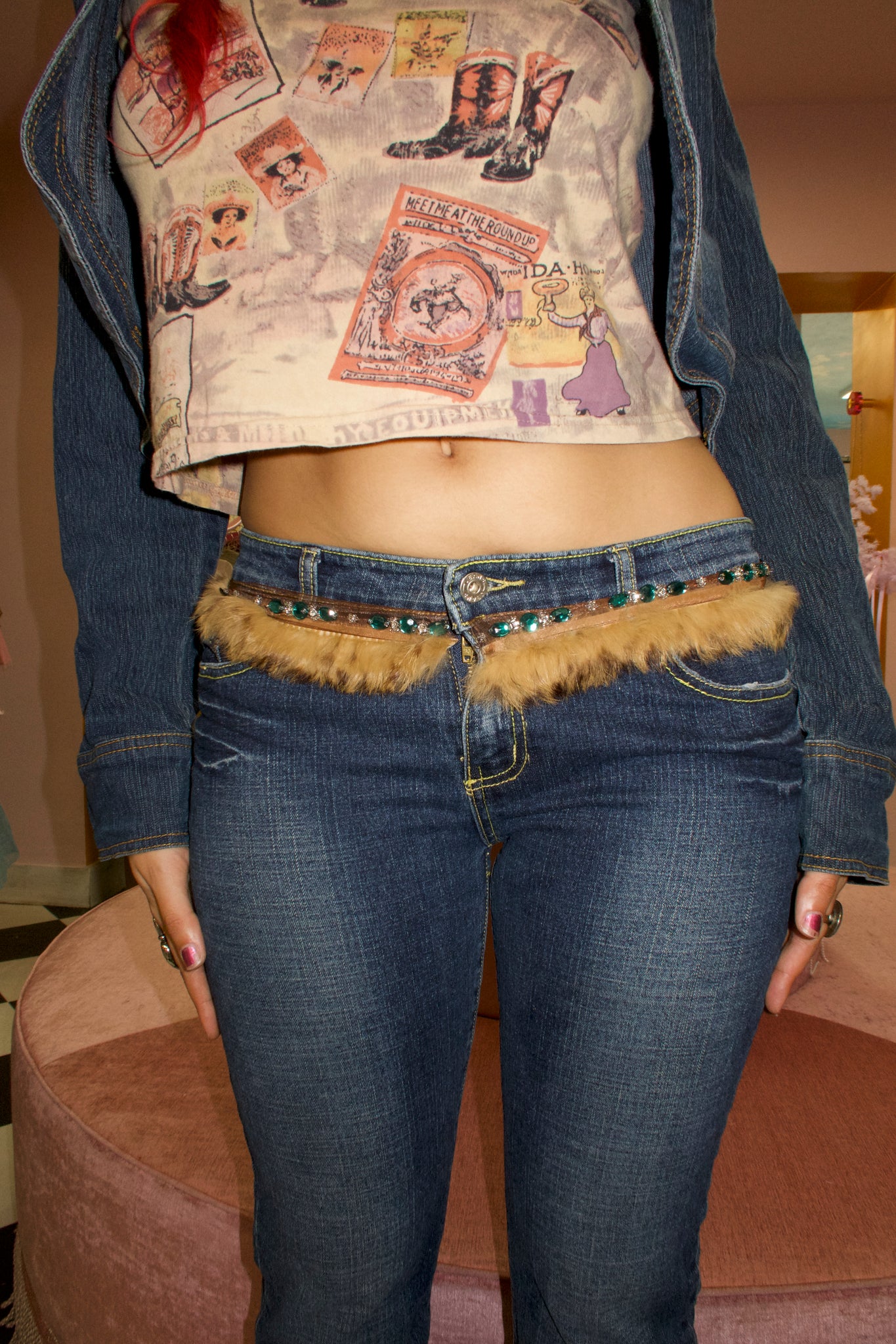 Denim Fur Bejeweled Waistband Jeans