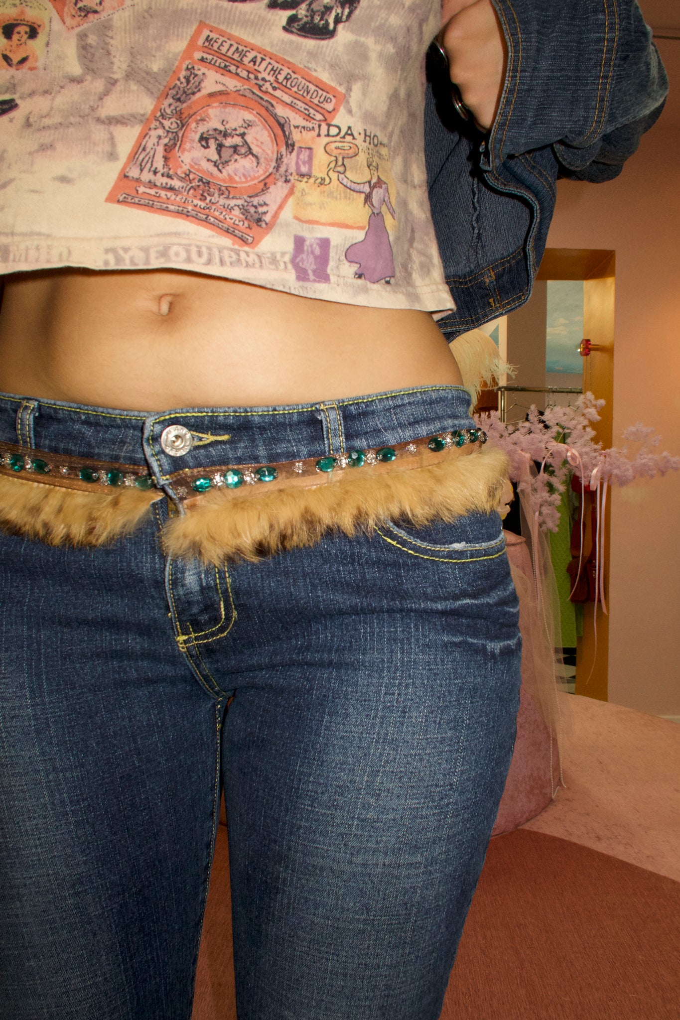 Denim Fur Bejeweled Waistband Jeans