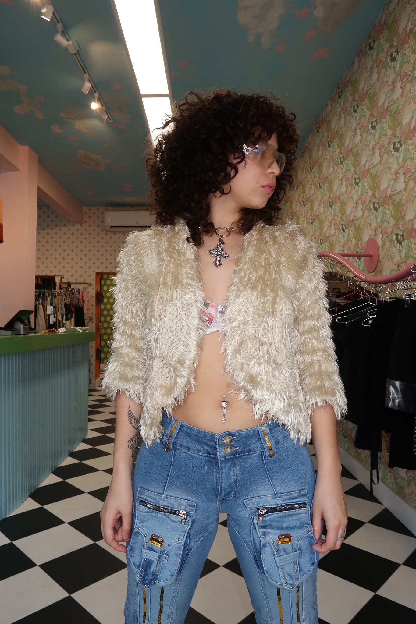 Cream Cropped Fur Sweater