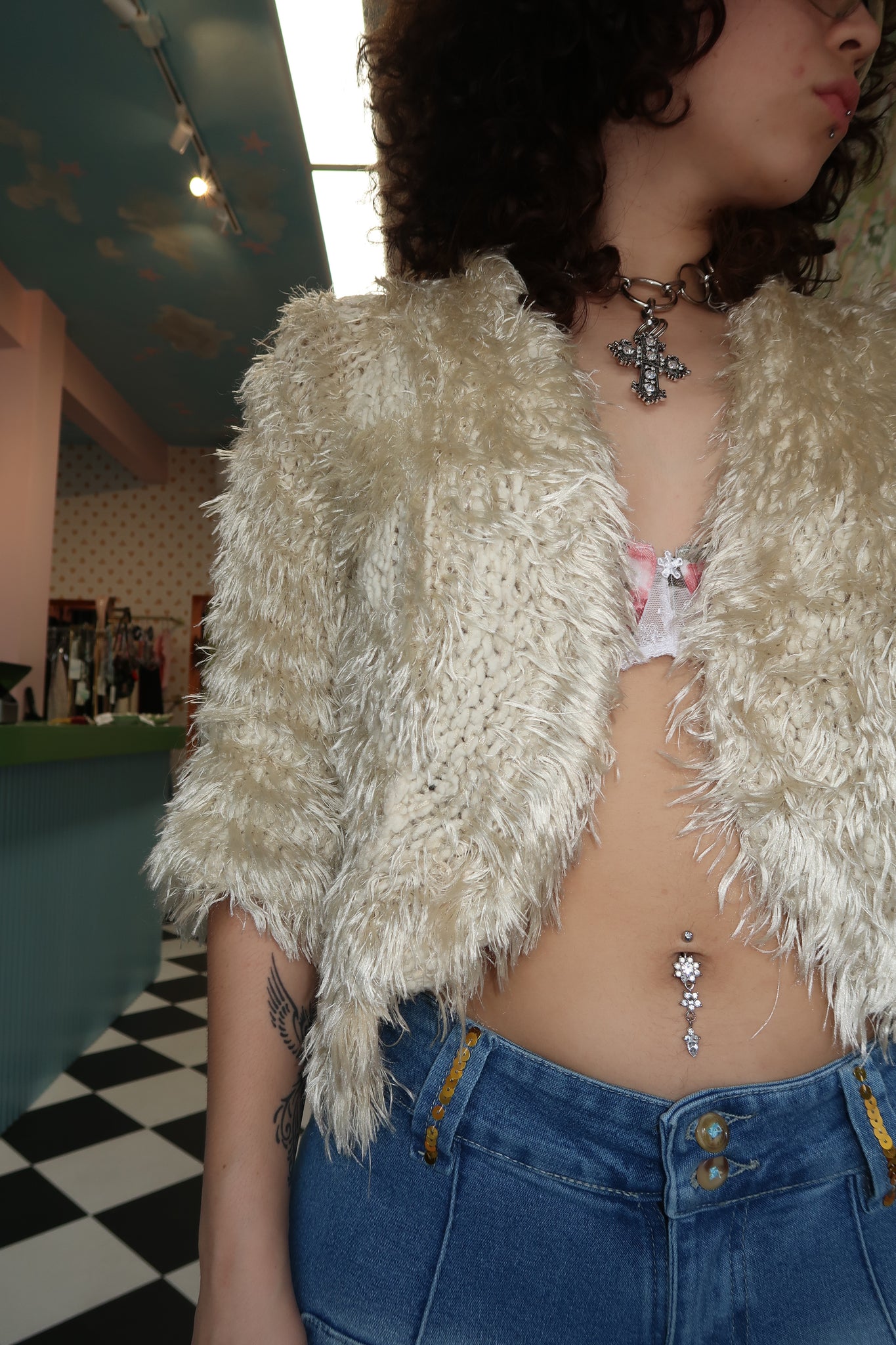 Cream Cropped Fur Sweater