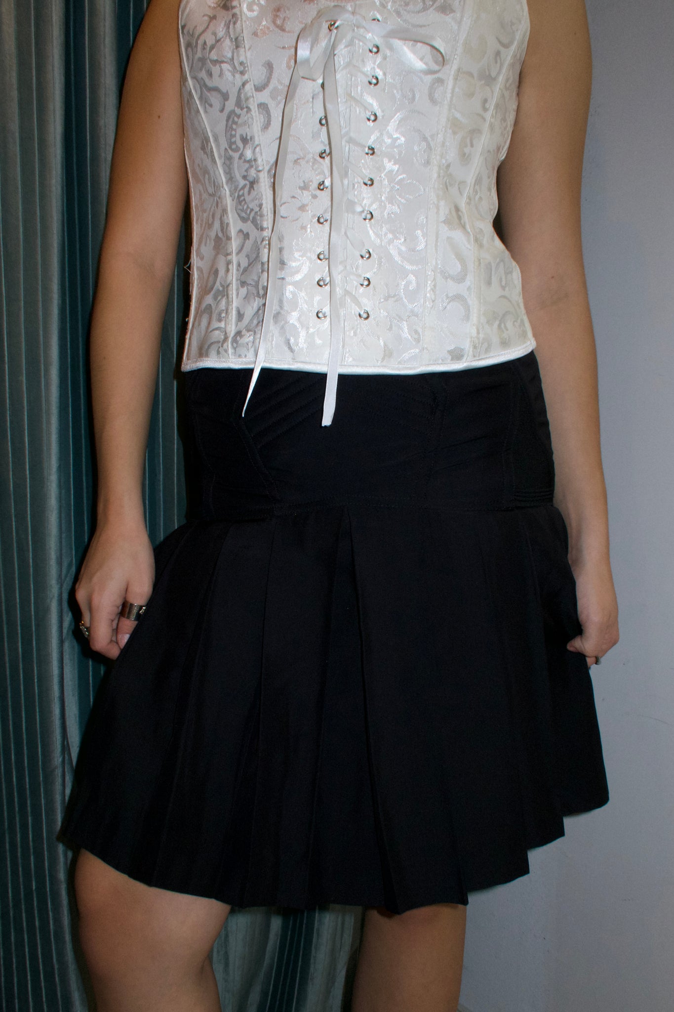 Black Pleated Lace Up Skirt