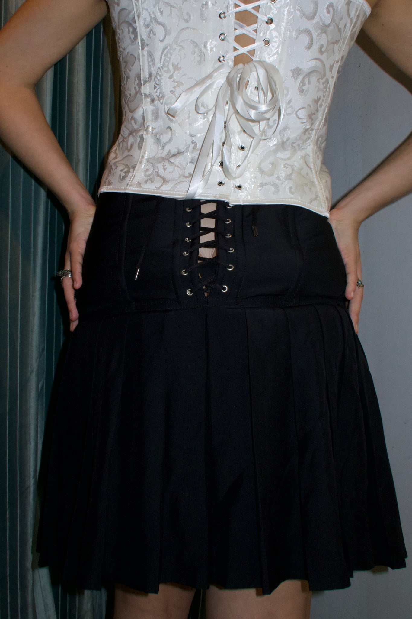 Black Pleated Lace Up Skirt