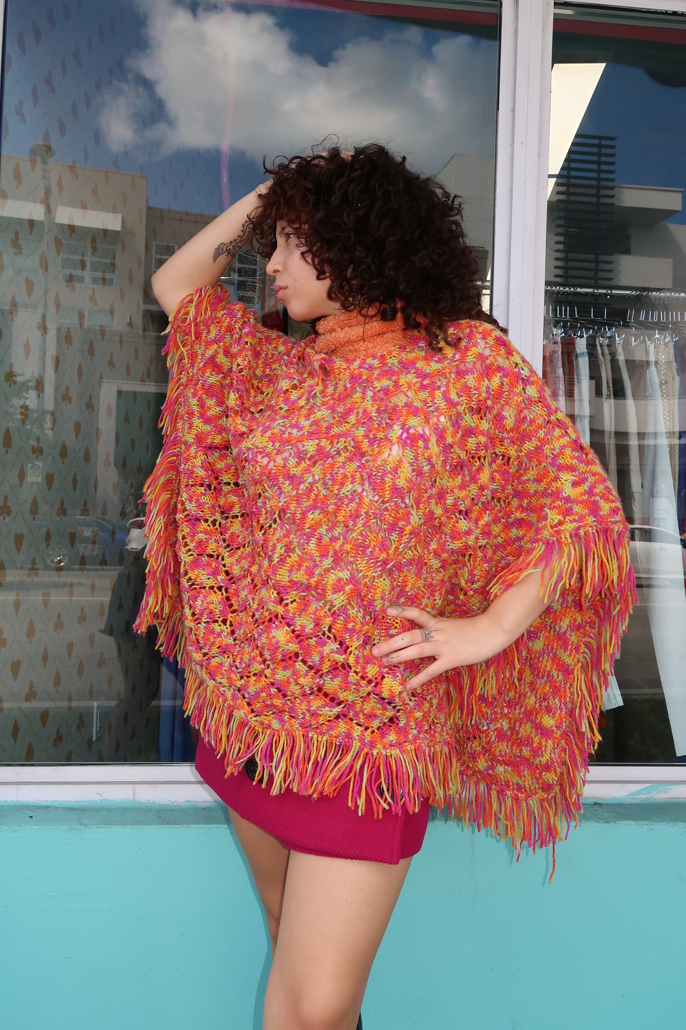 Fuzzy Neck Multicolor Crochet Poncho