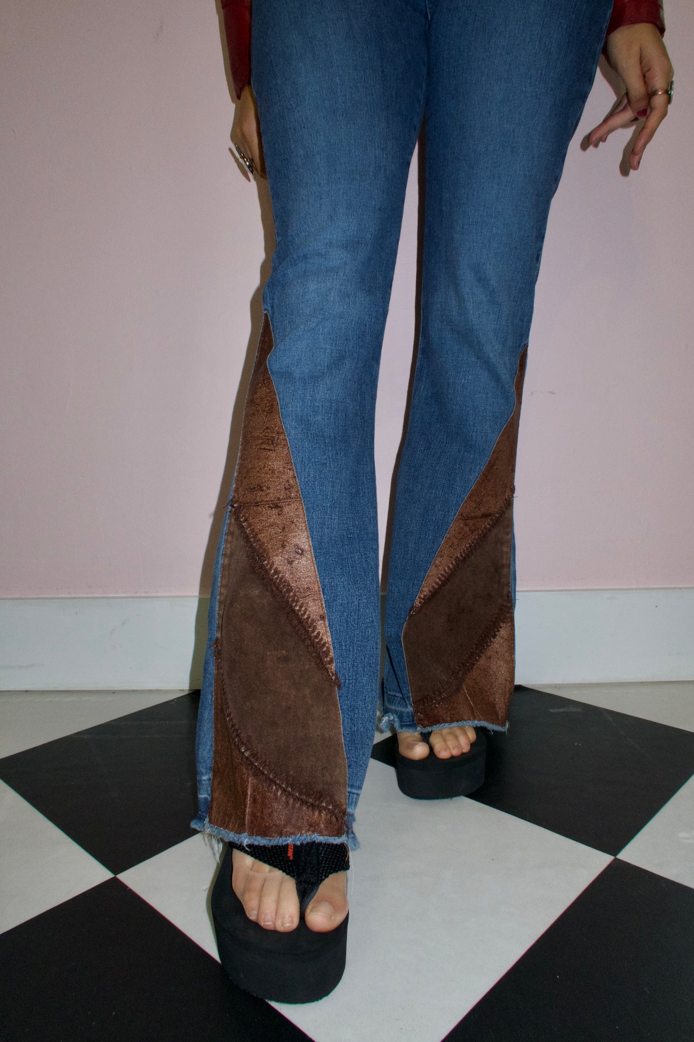Denim Wide Leg Brown Patchwork Jeans