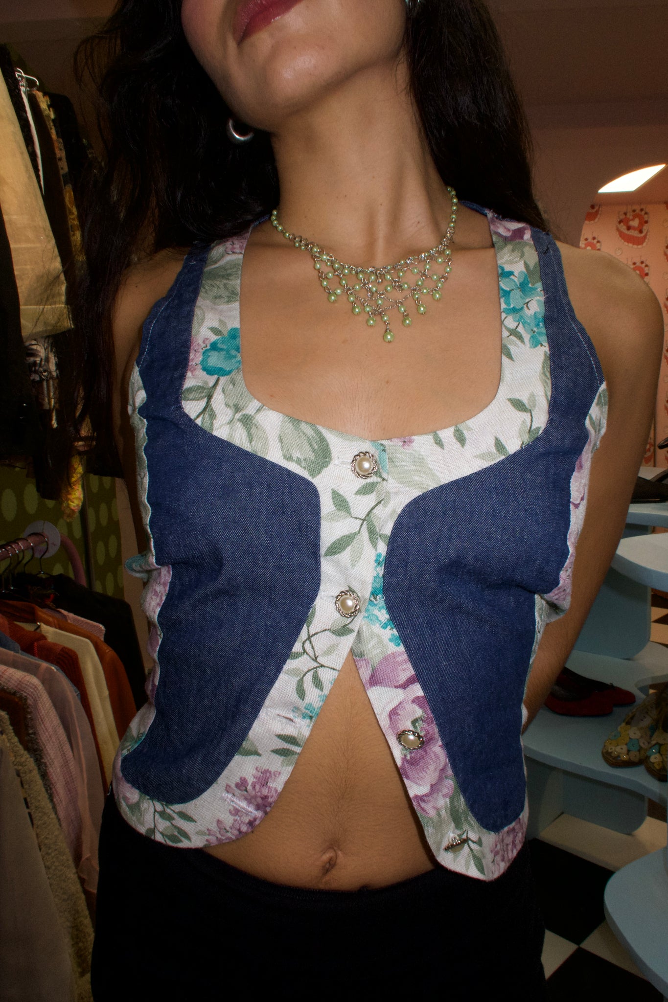 Denim Floral Vest Top