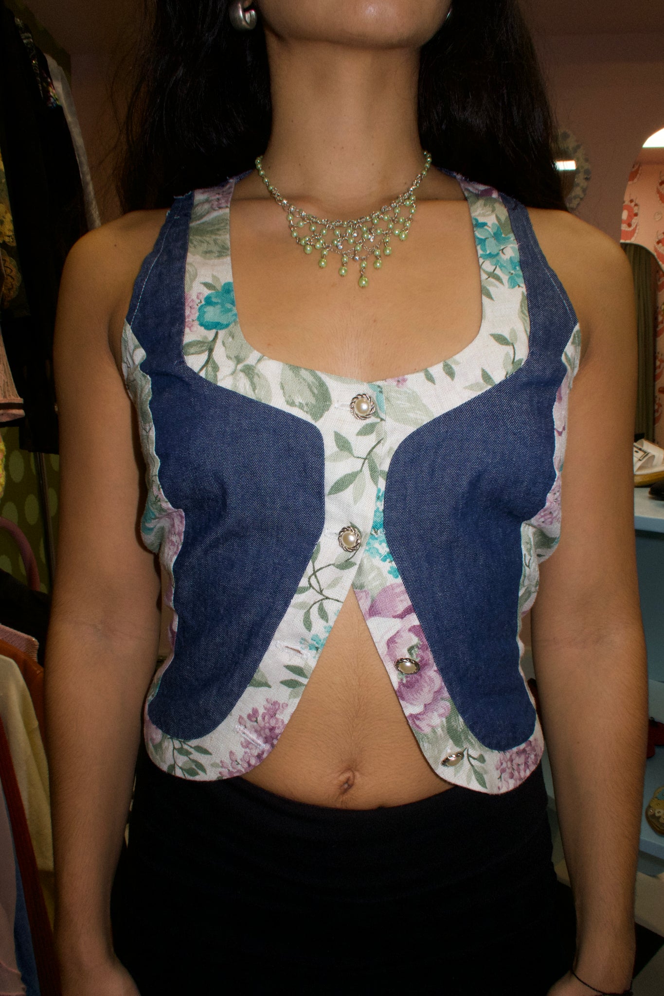 Denim Floral Vest Top