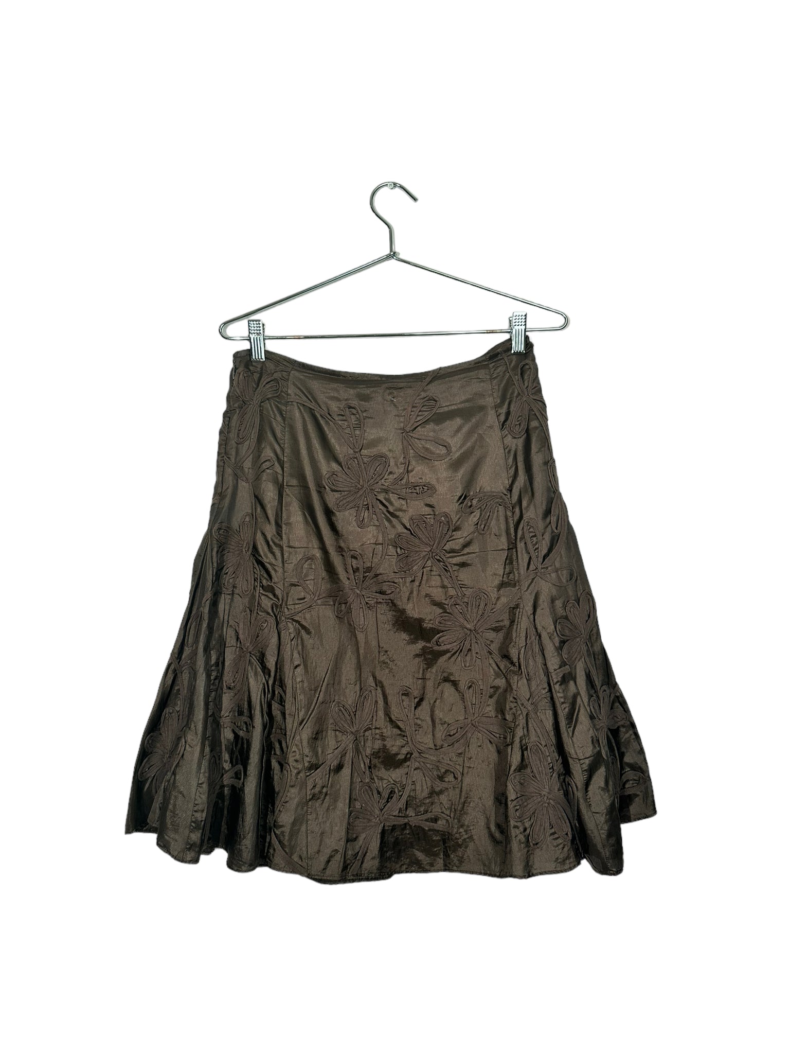 Brown Textured Floral Midi Skirt