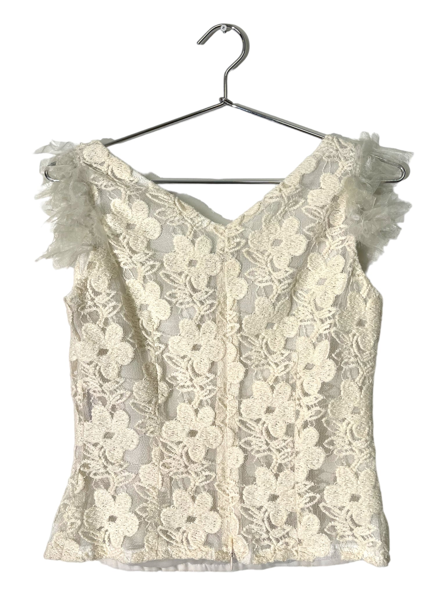 Cream Floral Lace Top with Pink Bow