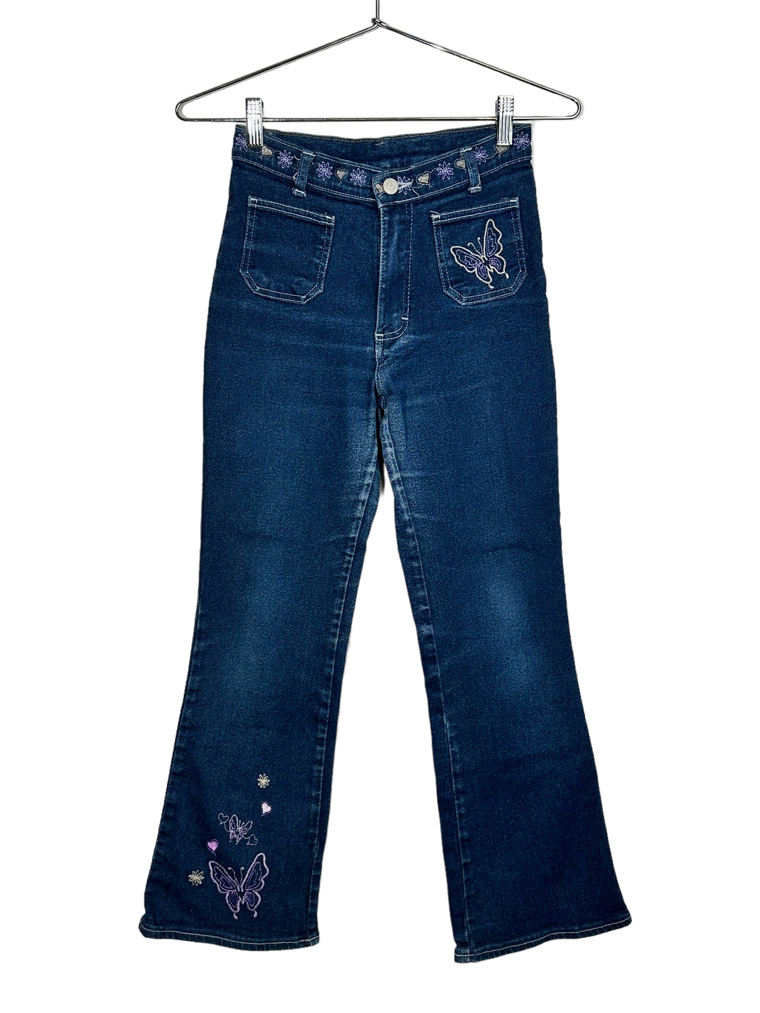 Dark Denim Butterfly Embroidered Flared Jeans