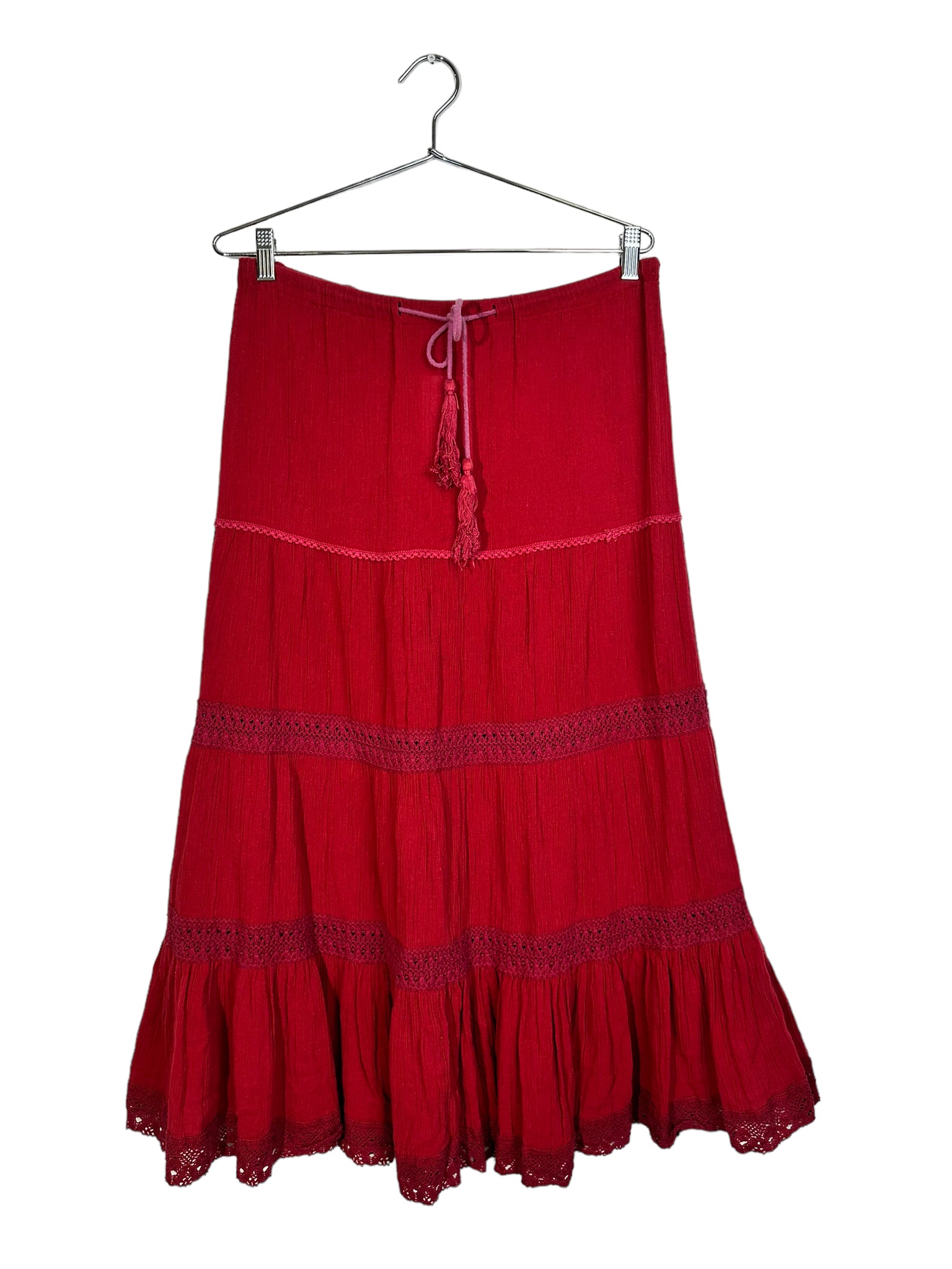 Red Tiered Crochet Draw-String Skirt