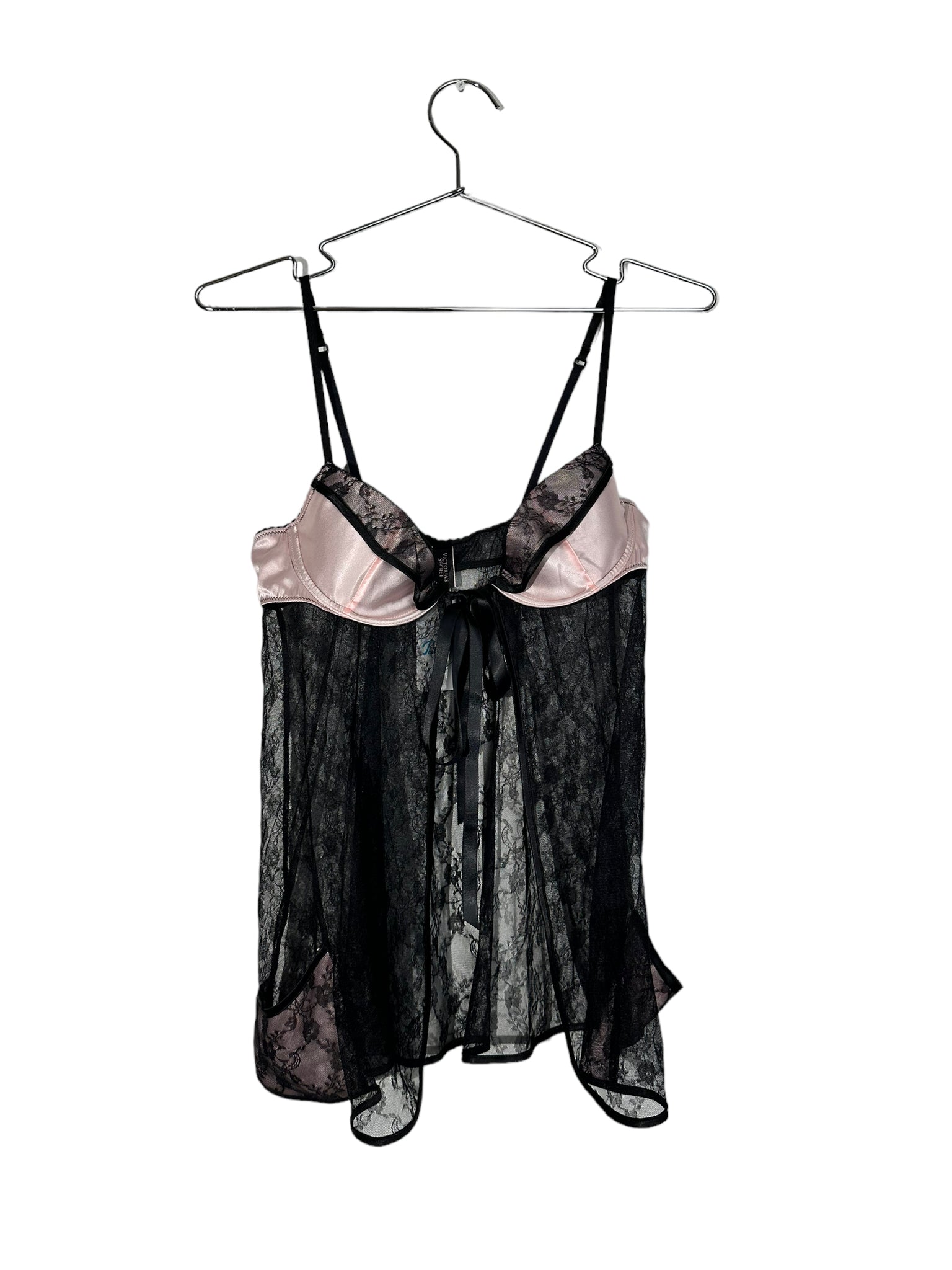 Pink Satin And Black Lace Pocket Top