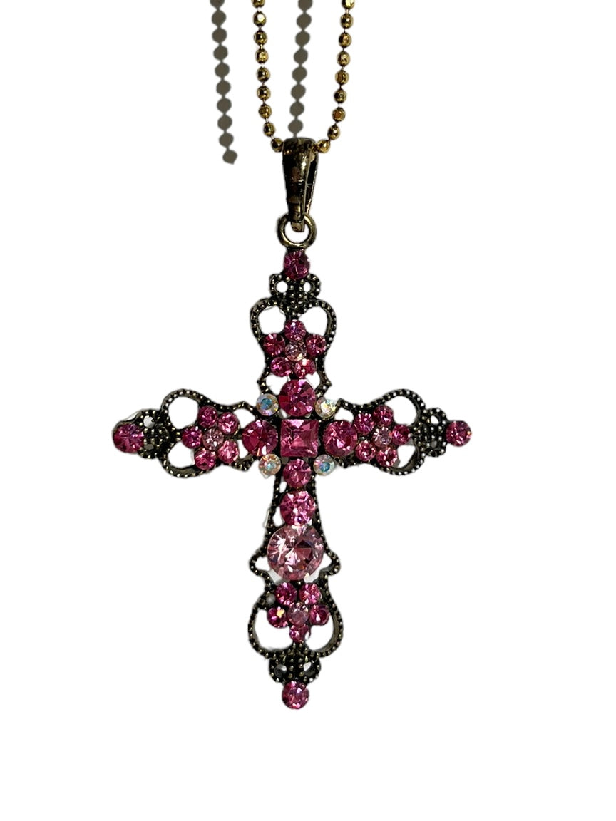 Pink Rhinestone Cross Necklace