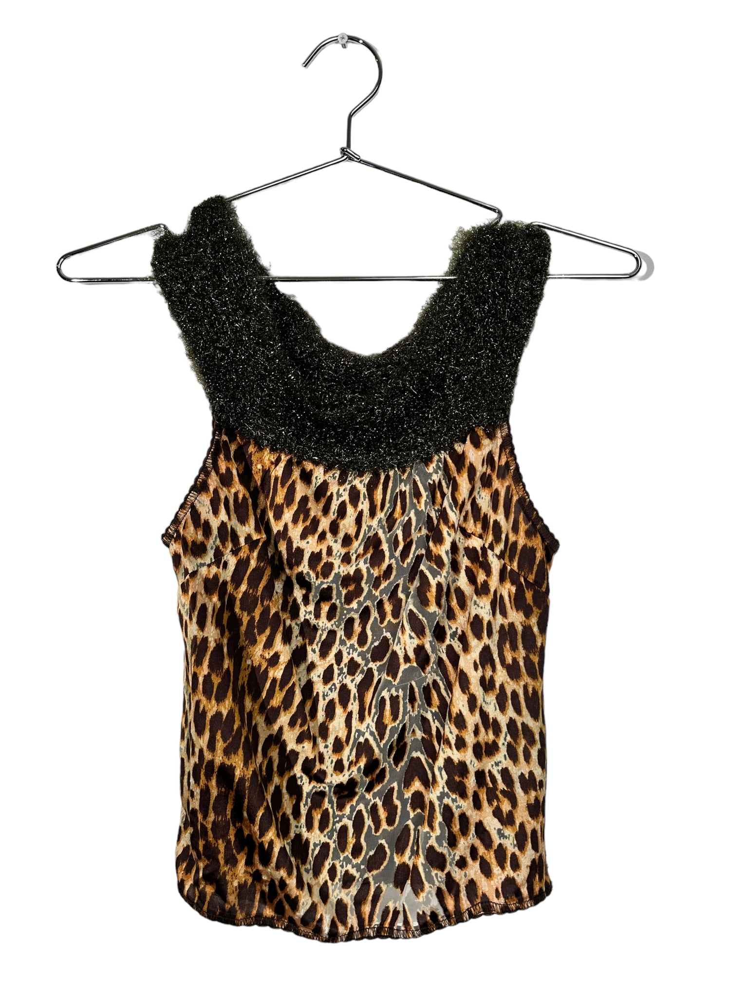 Sheer Fuzzy Neck Cheetah Print Tank