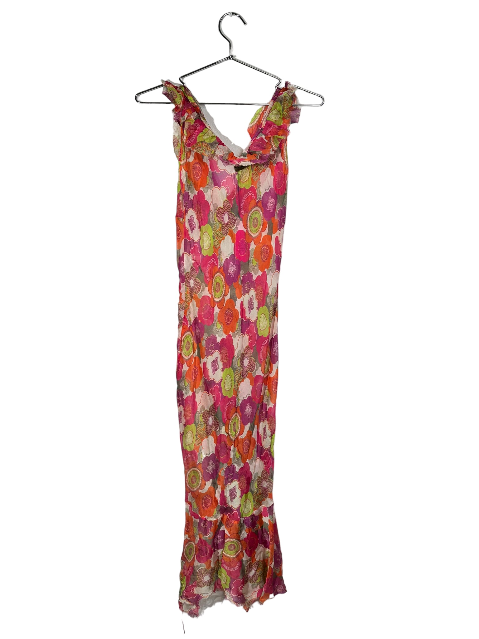 Sheer Pink And Orange Ruffle Maxi Dress