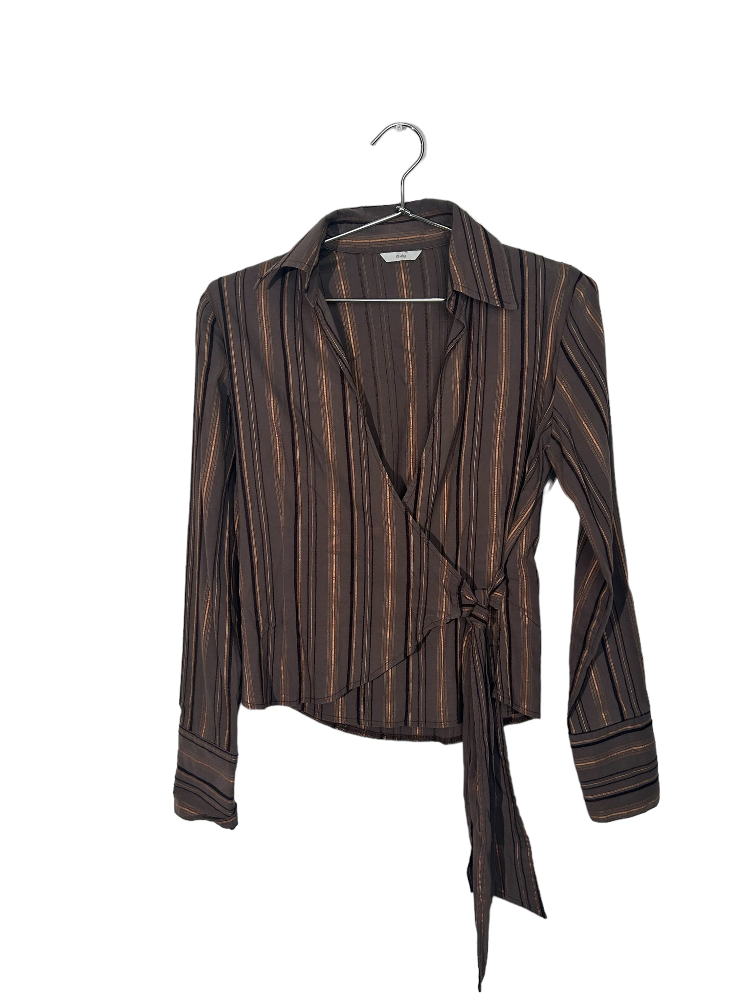 Brown Striped Long Sleeve Tie Front Shirt