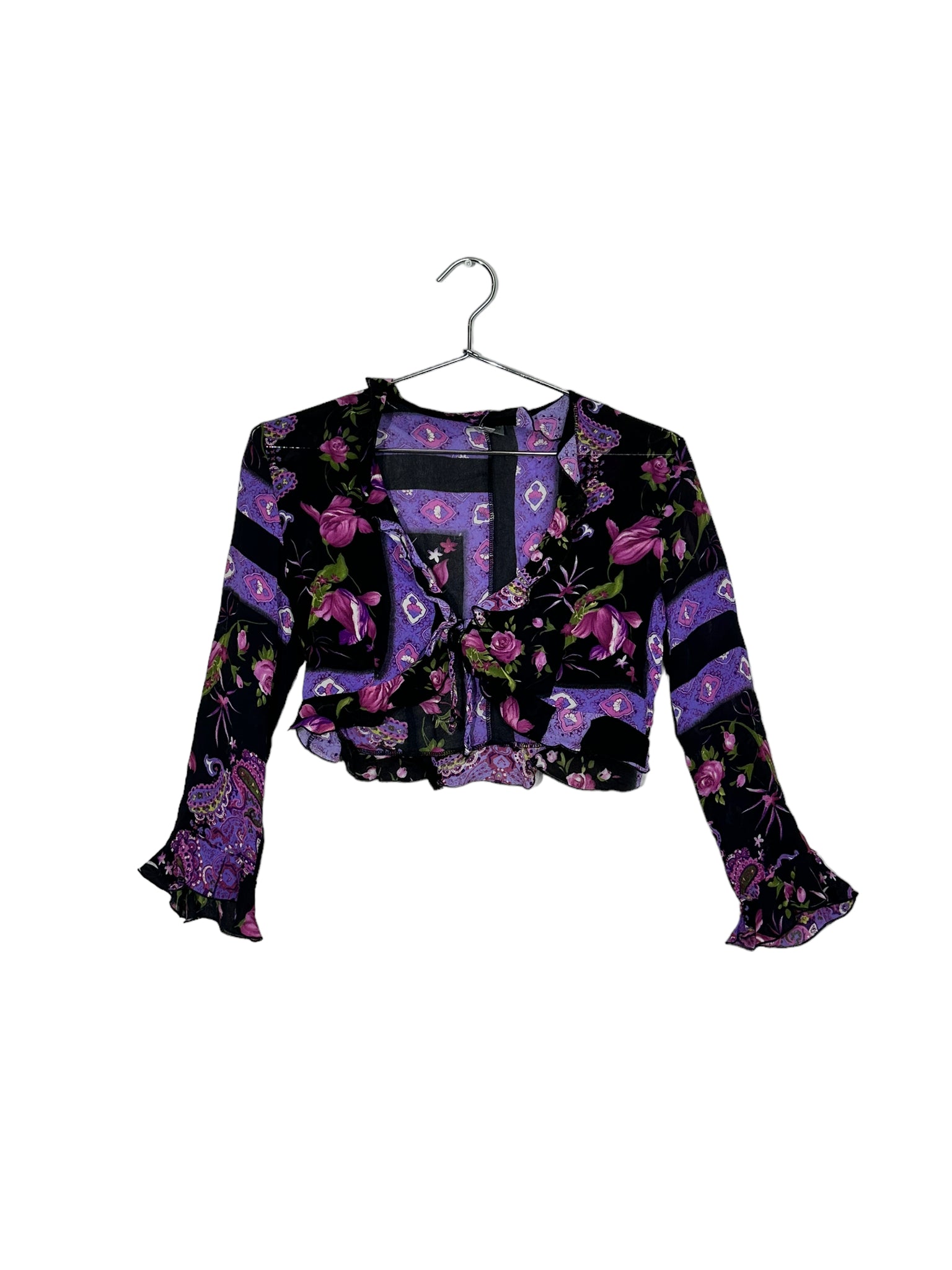 Purple Floral Tie Up Cropped Blouse