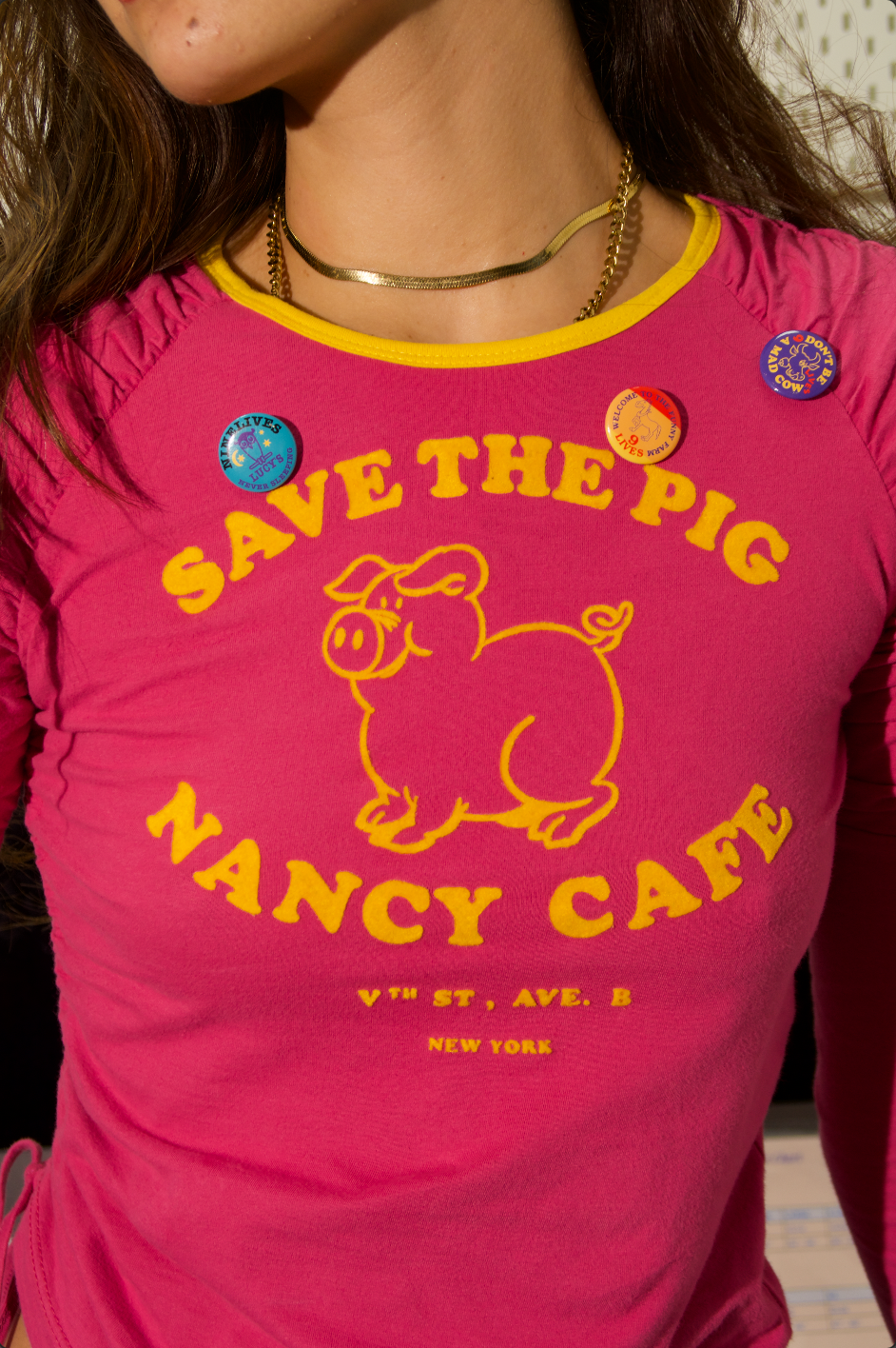 Pink "Save The Pig" Graphic Long Sleeve Top with Pins