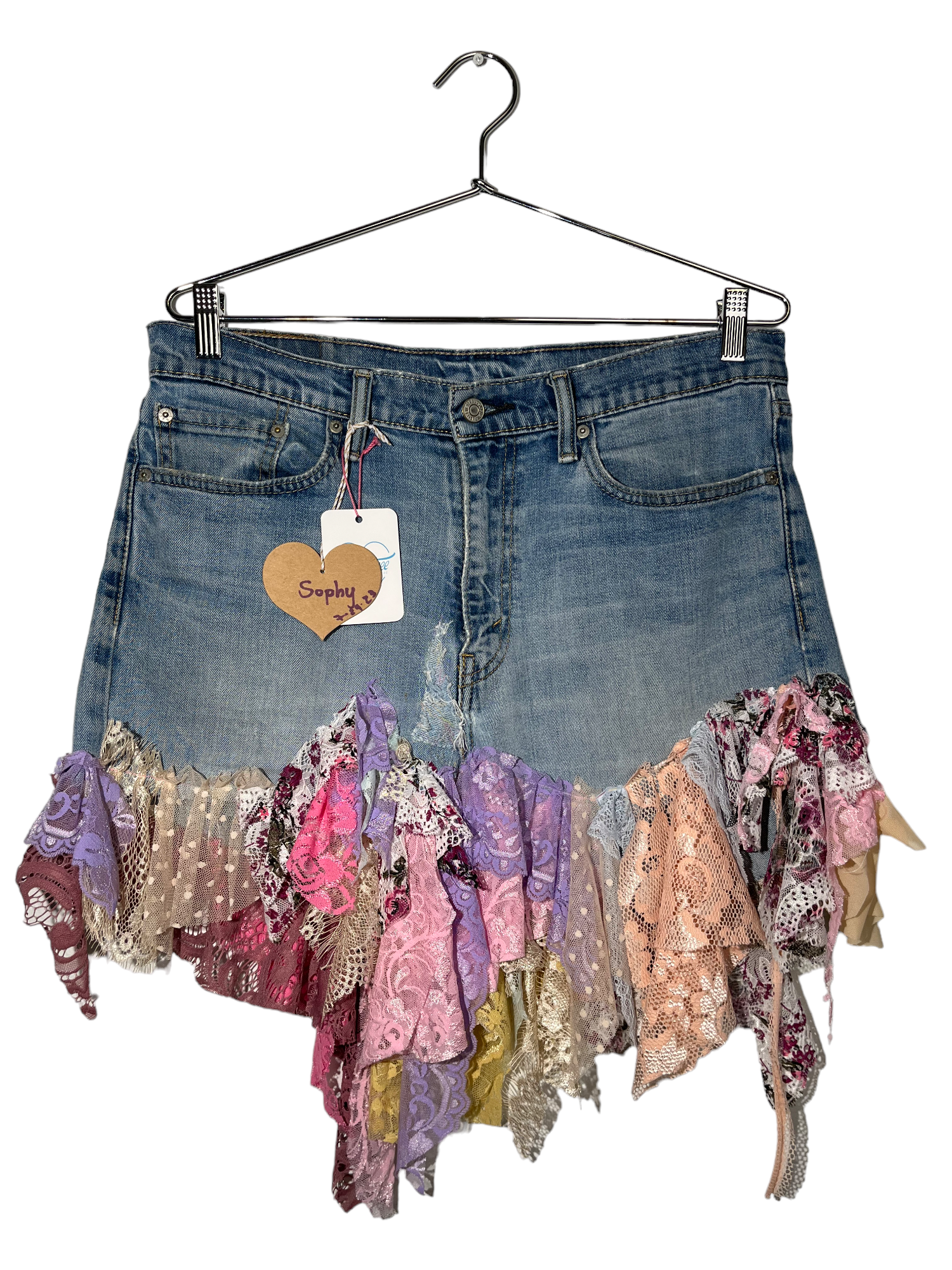By Mechi's "Sophy" Denim Skirt Embellished Scrap Fabrics