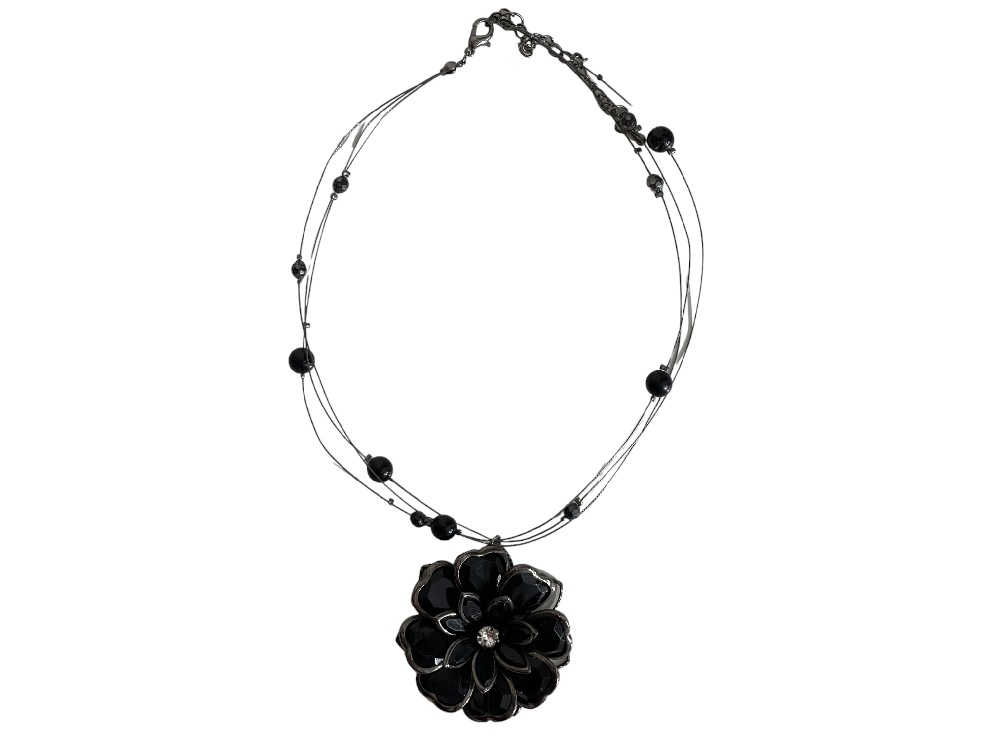 Beaded Wire Necklace With Black Flower Pendant