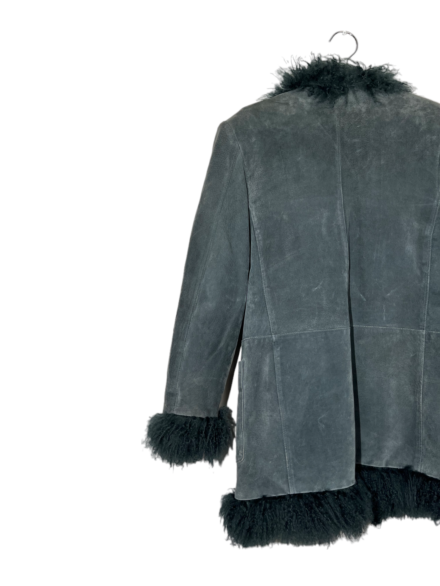 Blue Leather Coat Fur Trim