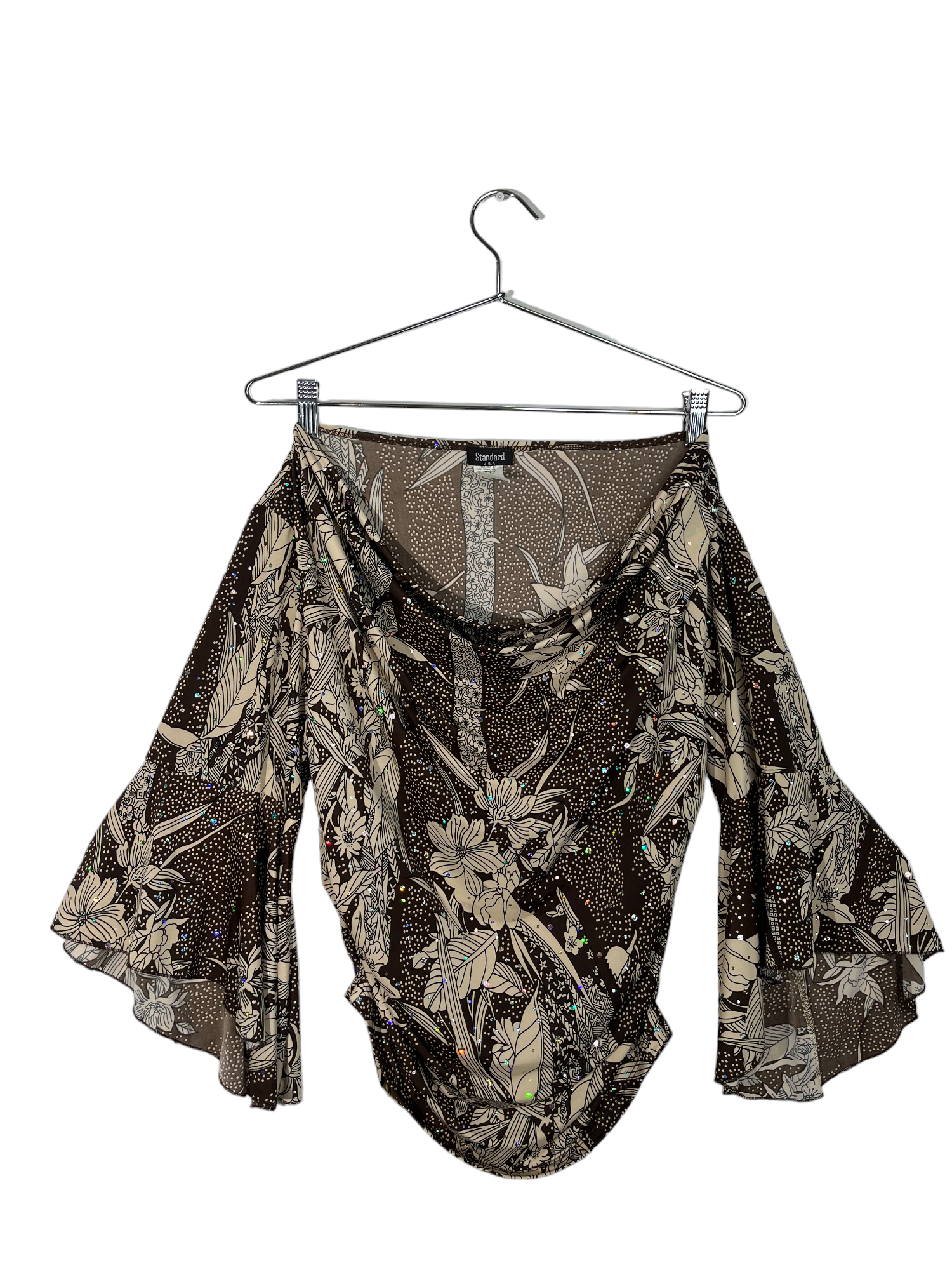 Brown Floral Flare Sleeve Cowl Neck Top