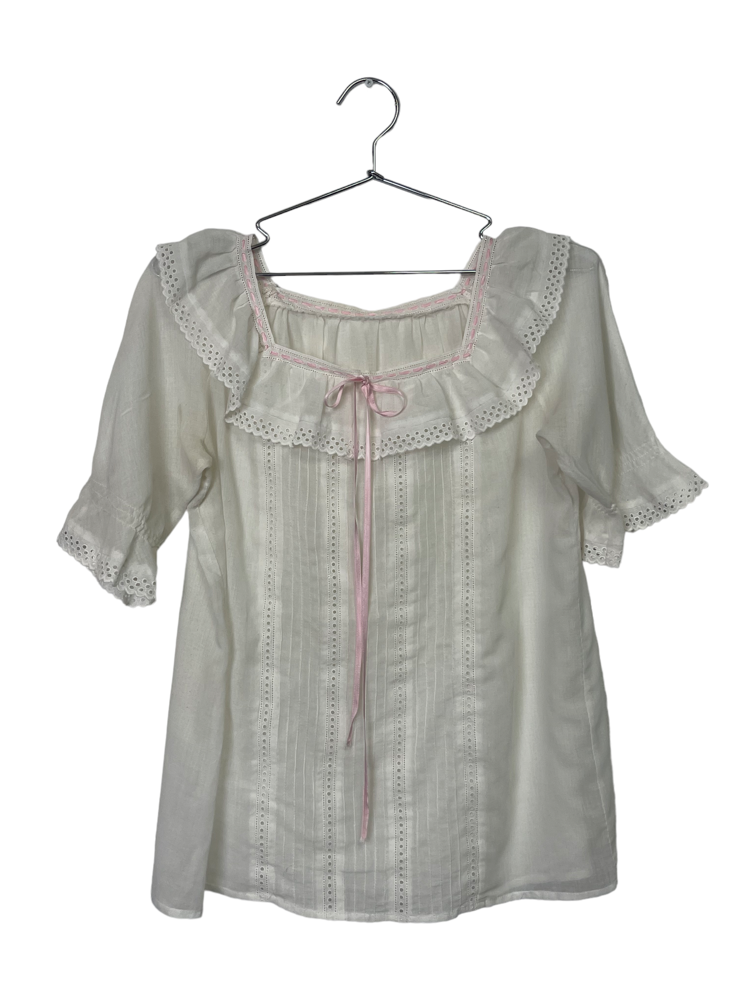 White Ruffle Neck Blouse With Pink Ribbon