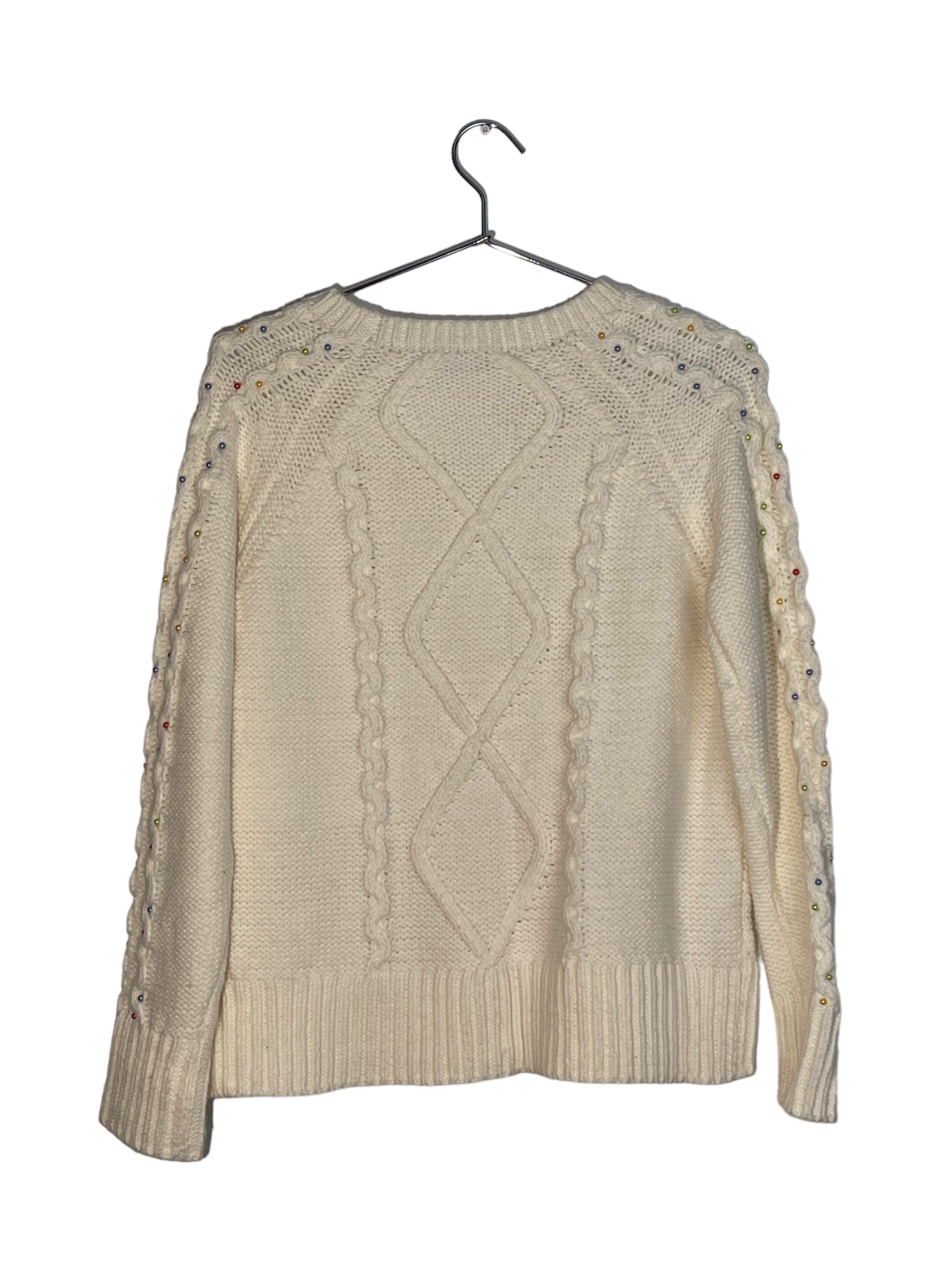 White Colorful Bead Detailed Cable Knit Sweater