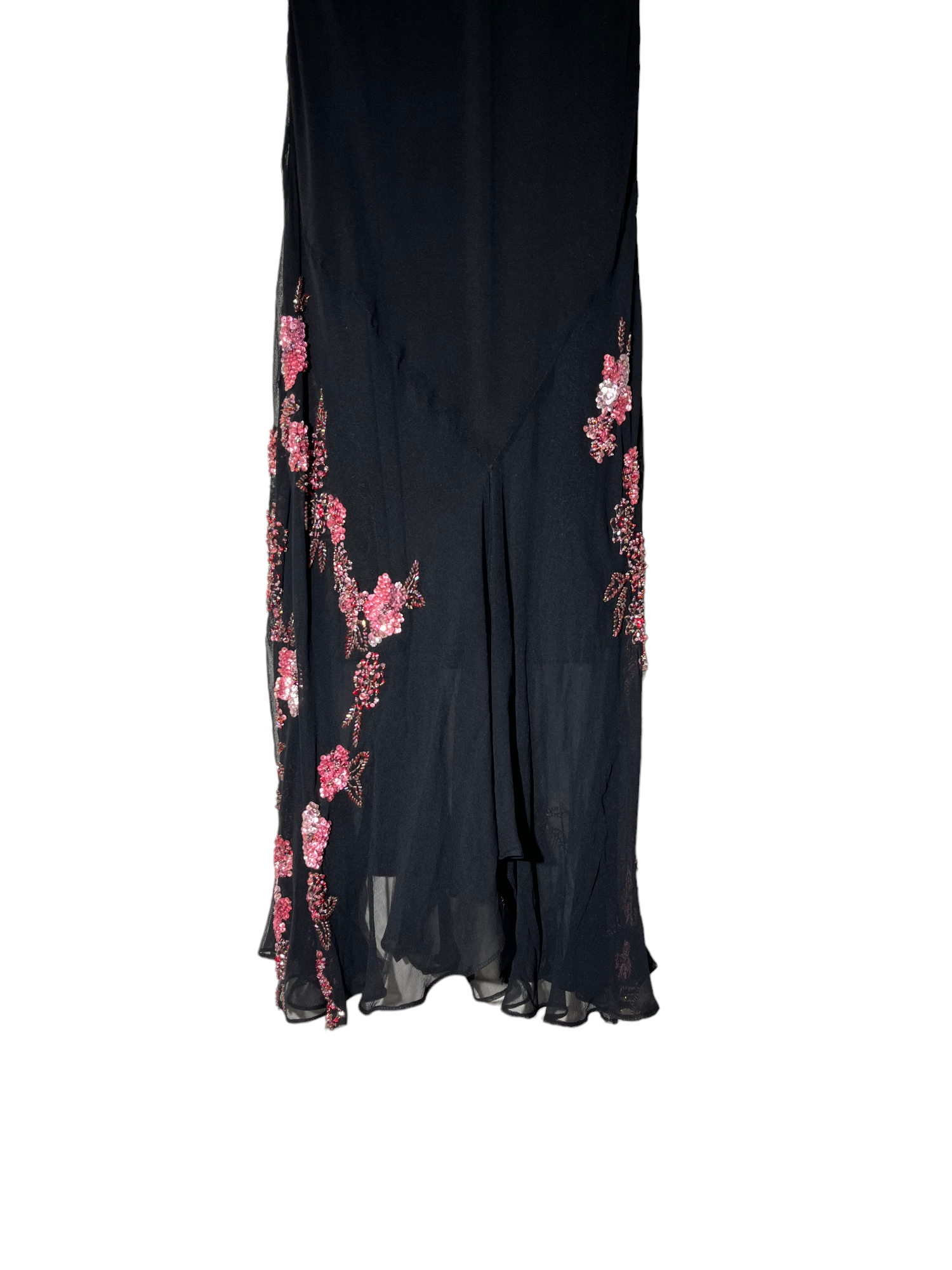 Black Silk Slip Dress with Pink Embroidery