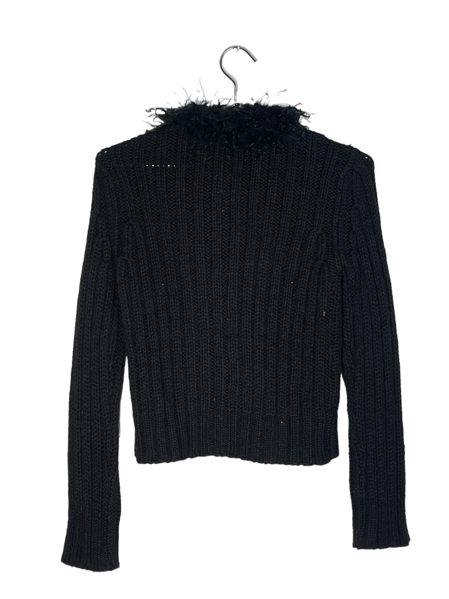 Black Fuzz Neck Cable Knit Sweater