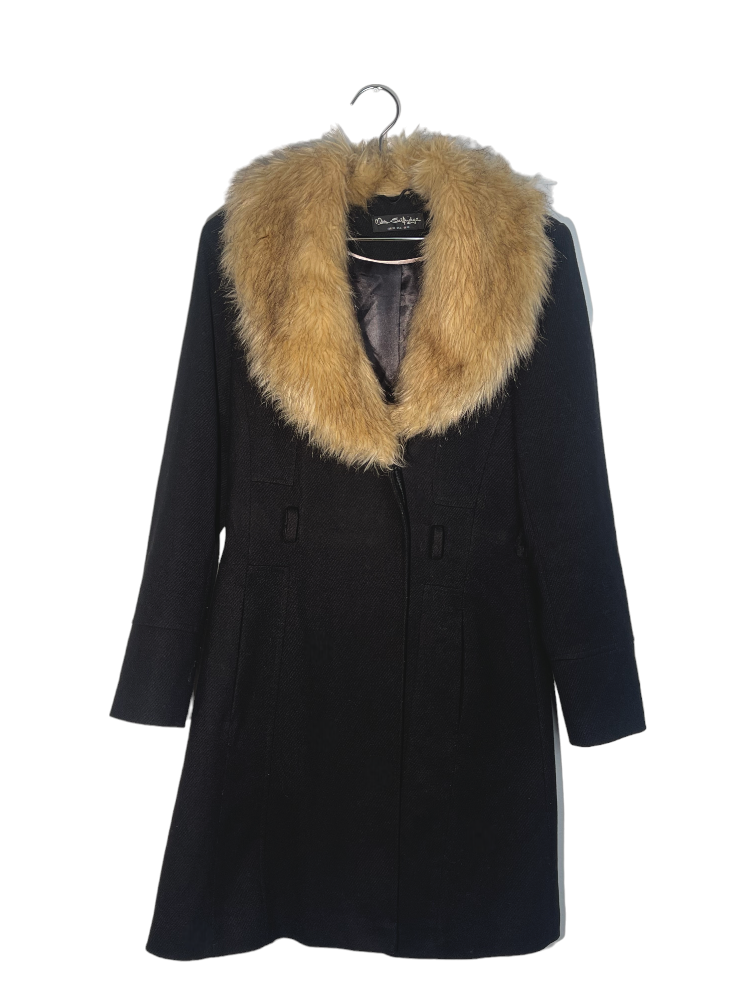 Black Coat With Beige Fuzzy Collar