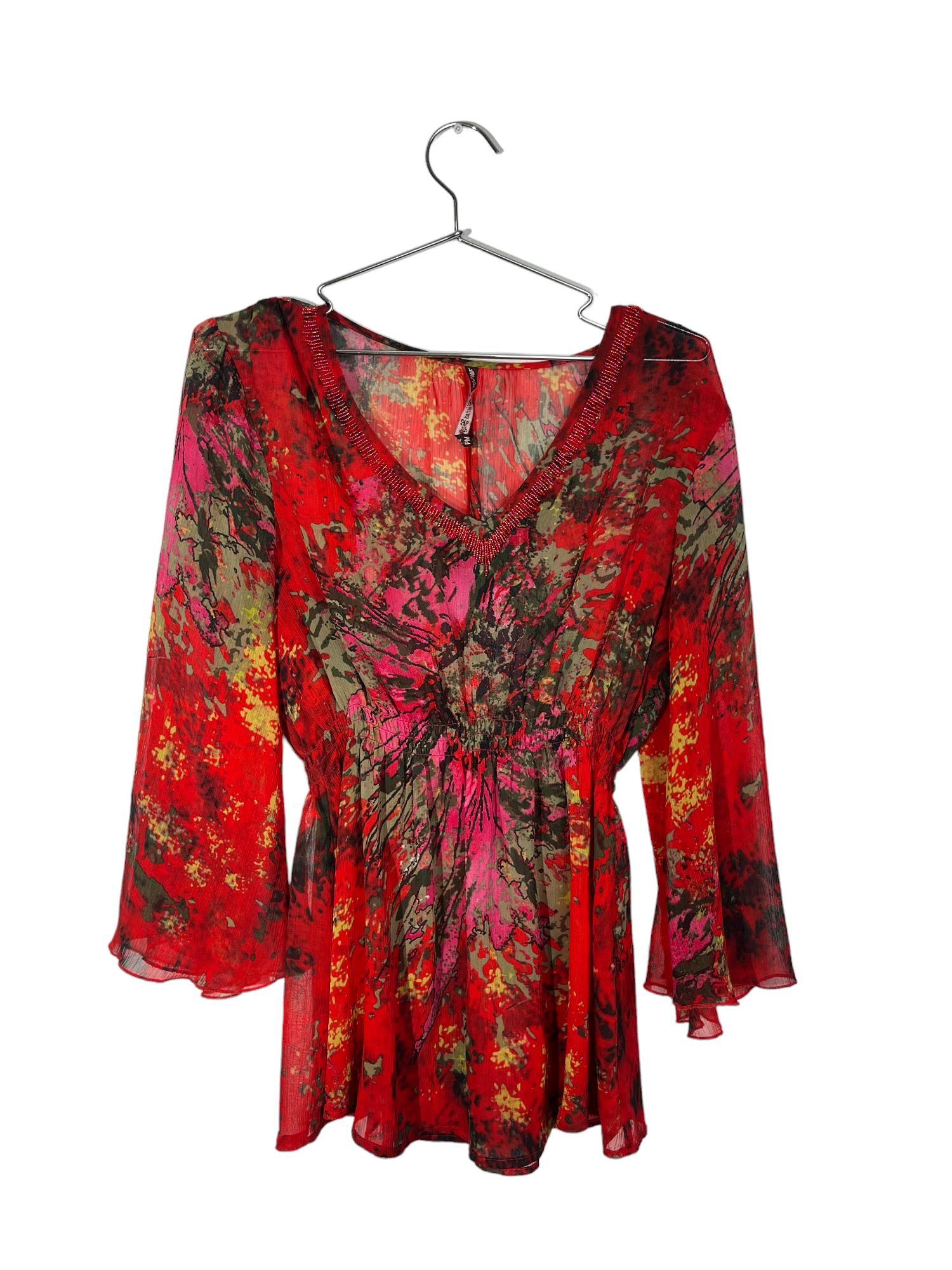 Red Abstract Beaded Flare 3/4 Sleeve Top