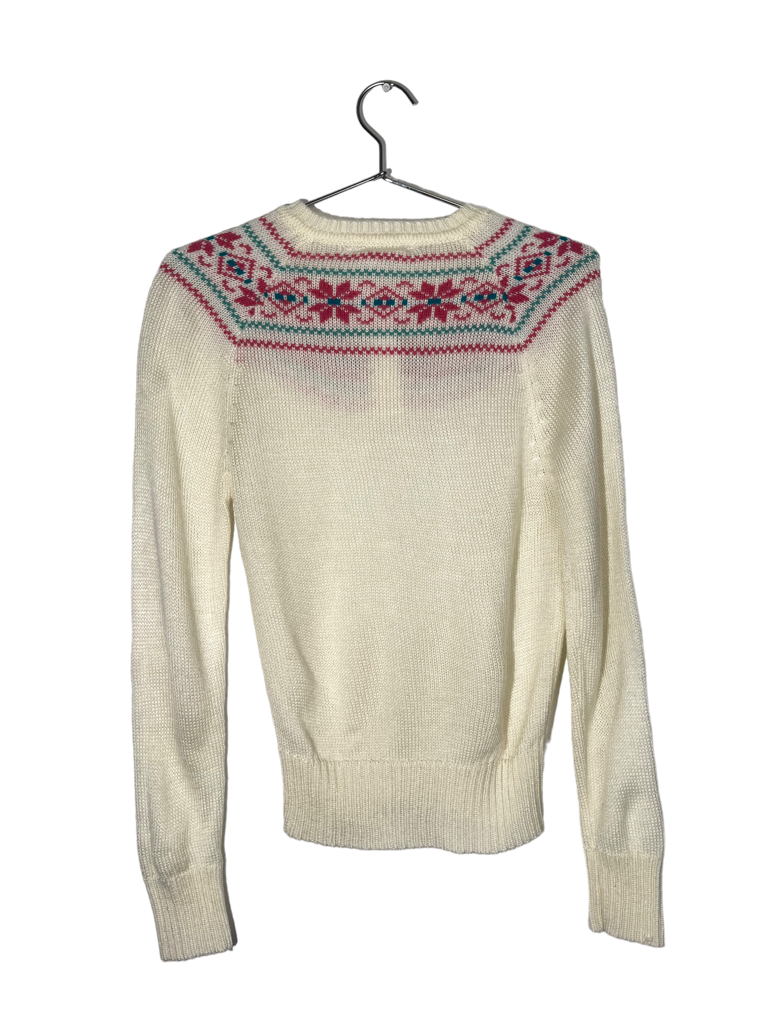 White Knitted Sweater Pink Snowflakes Design