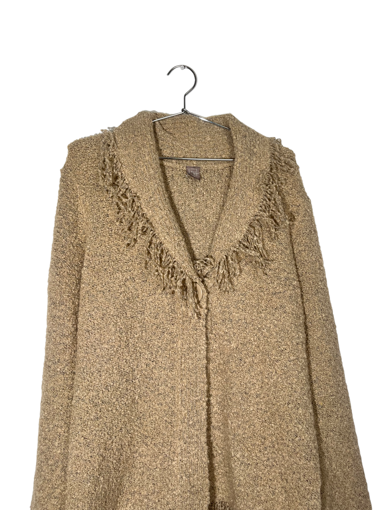 Brown Wool Cardigan Fringe Trim