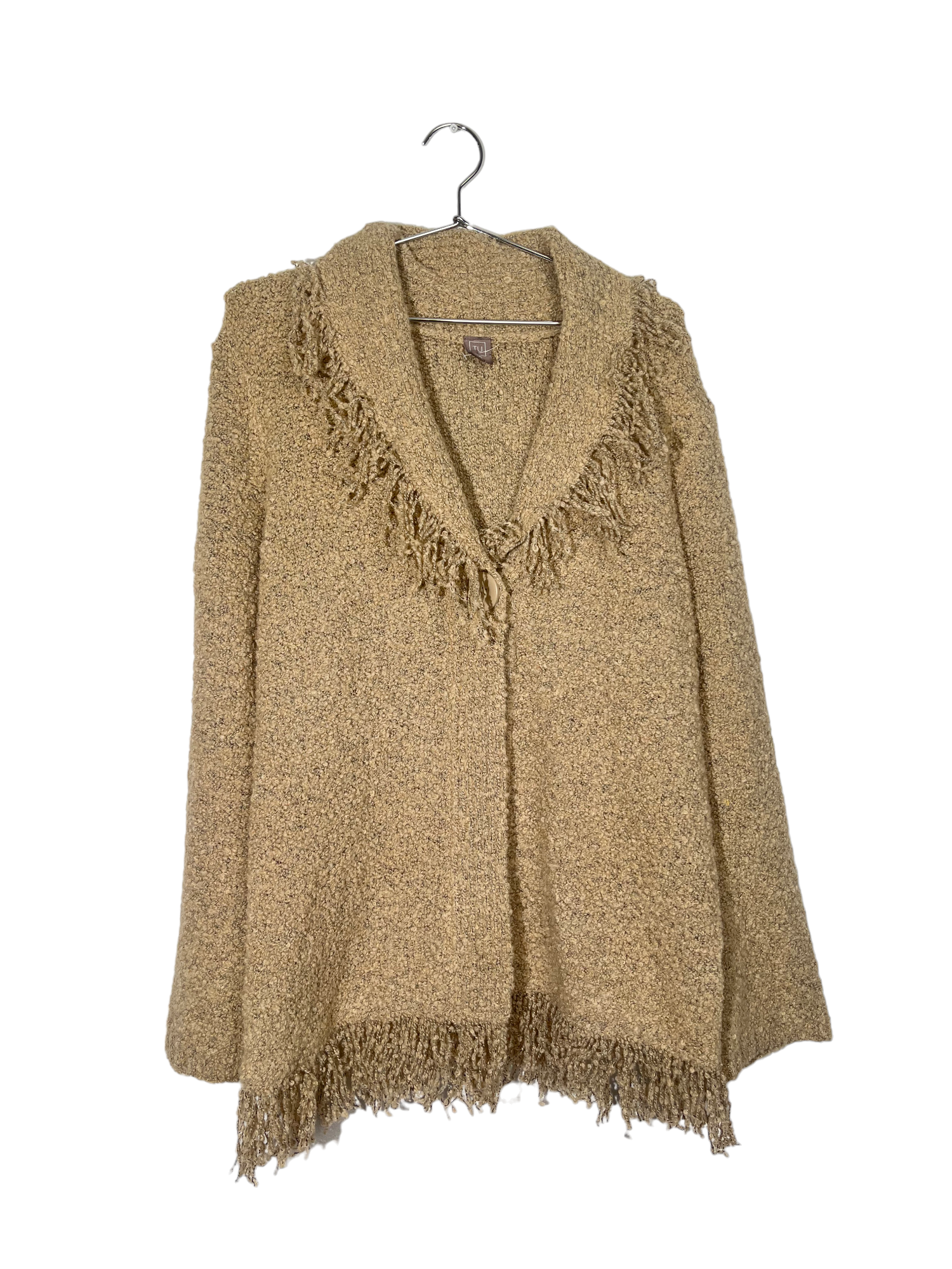 Brown Wool Cardigan Fringe Trim