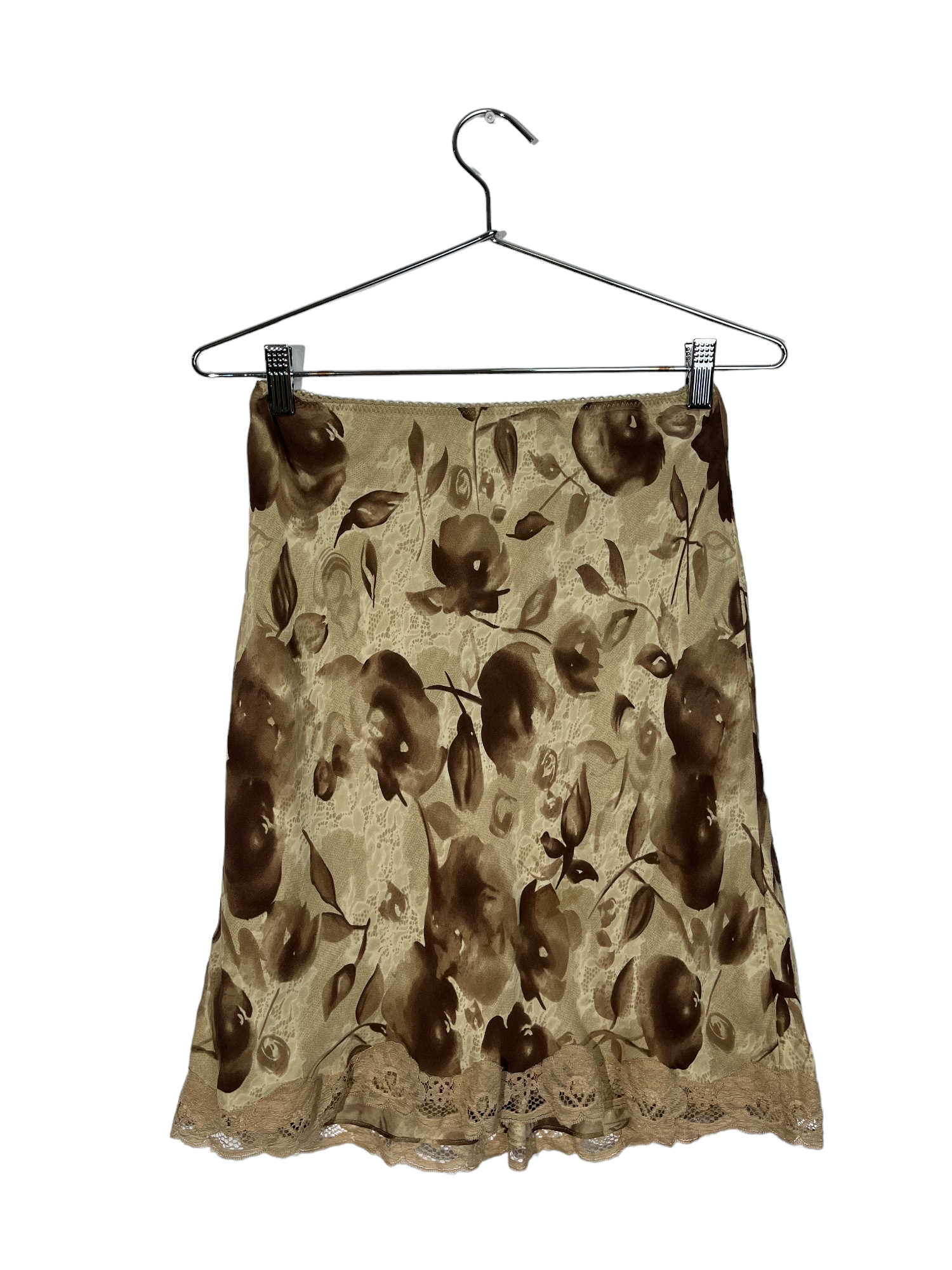 Brown Floral Lace Trim Slip Skirt